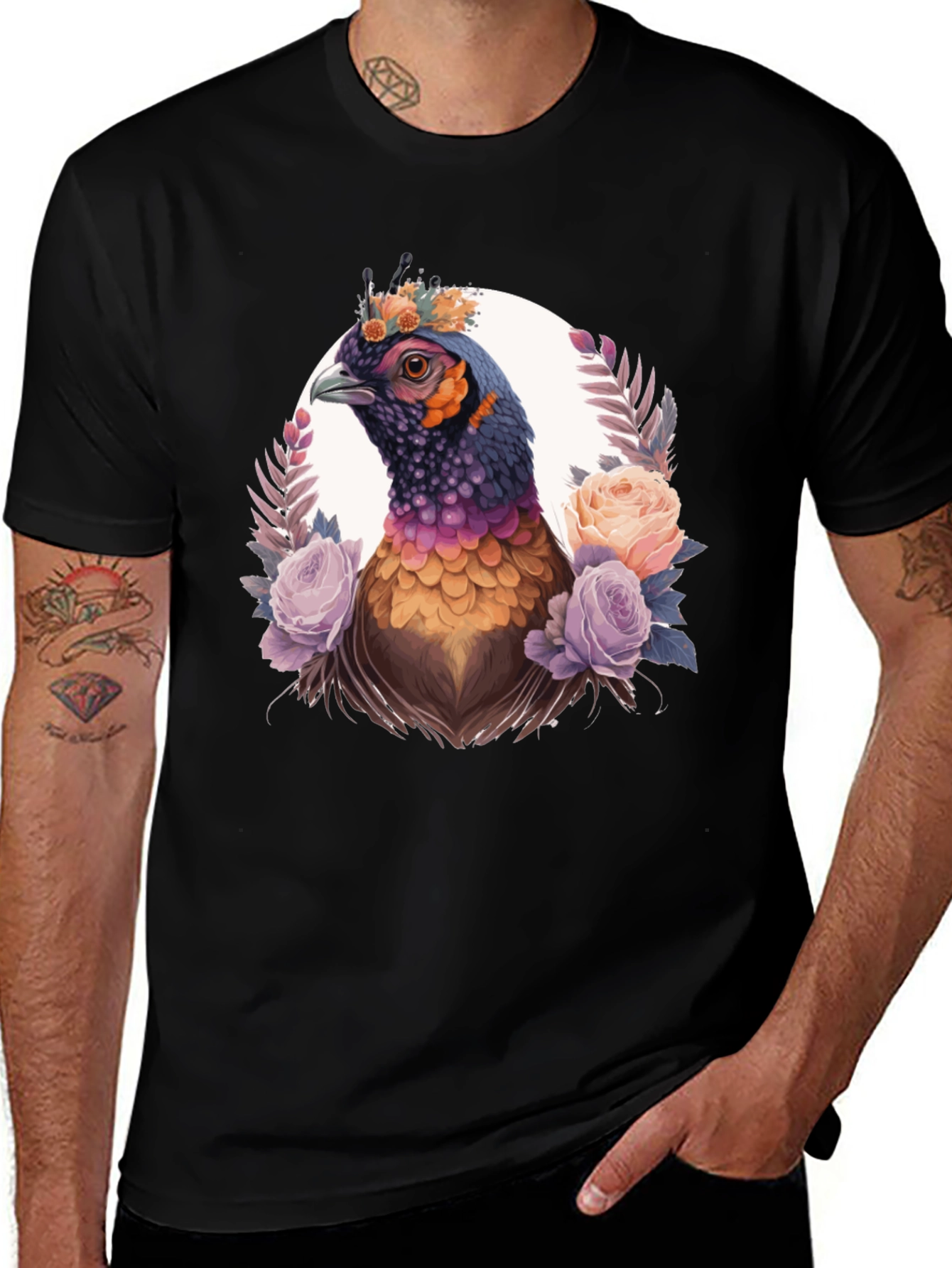 Floral Pheasant Graphic Tee - Black Unisex T-Shirt