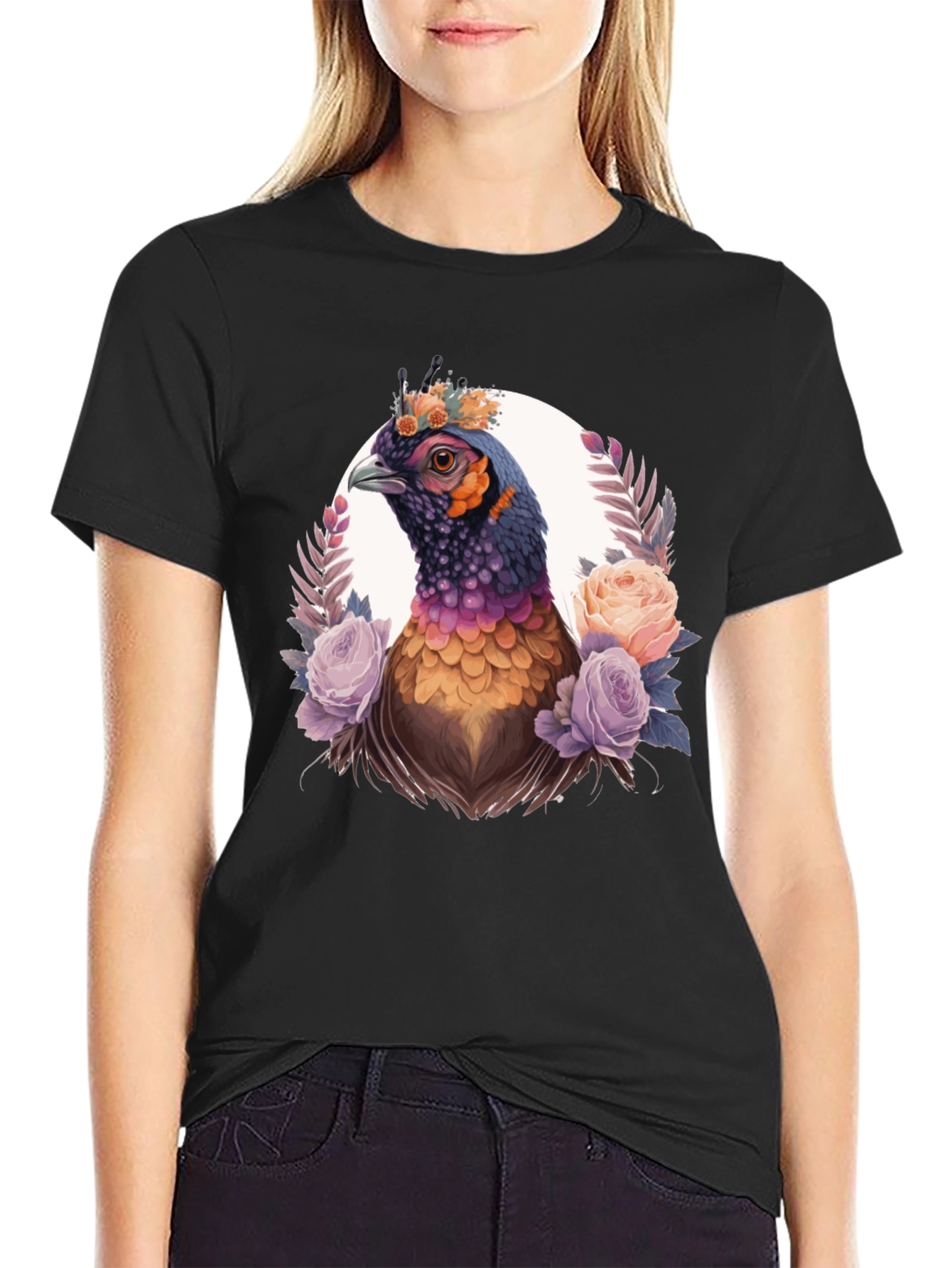 Floral Pheasant Graphic Tee - Black Unisex T-Shirt