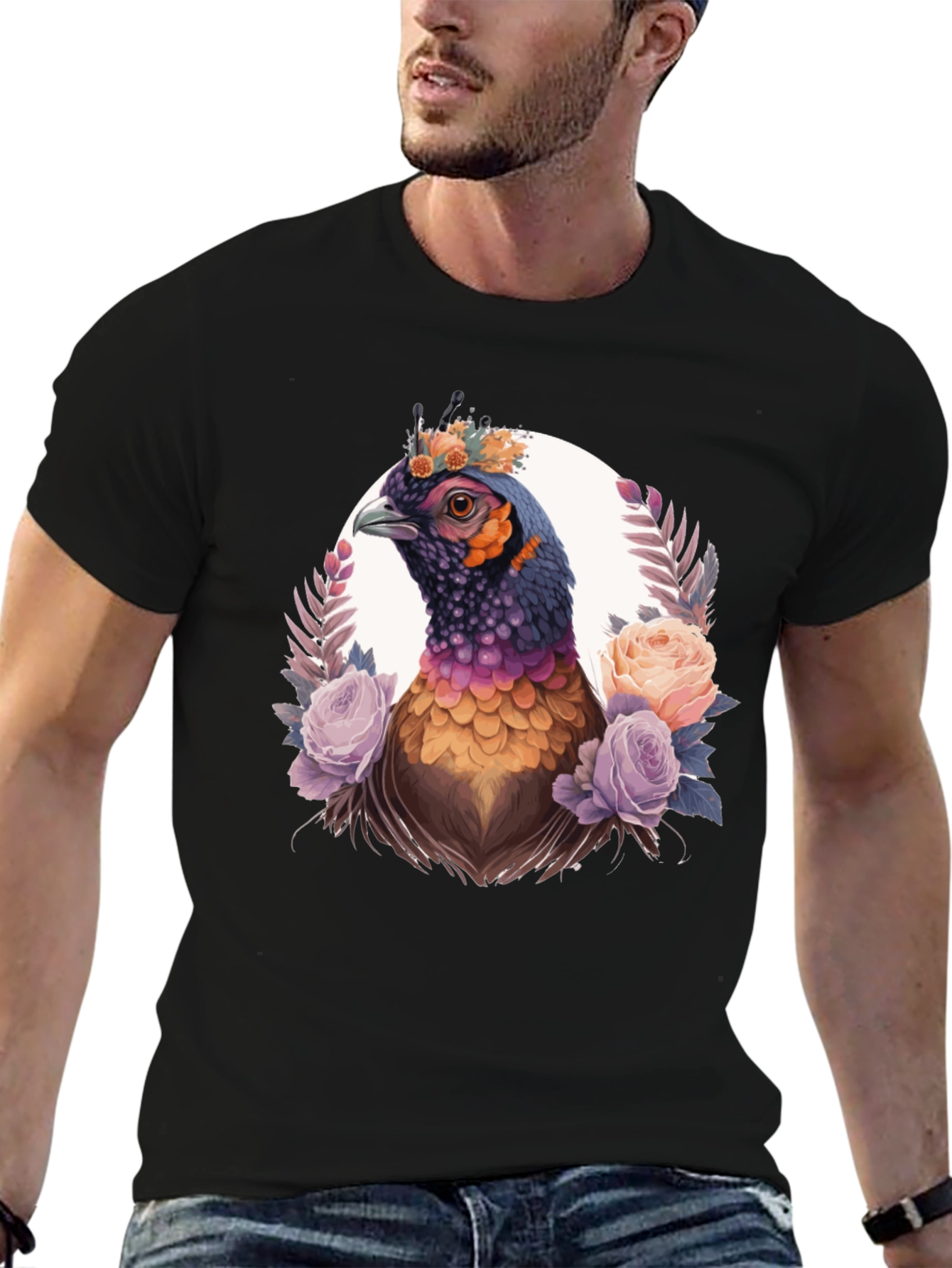 Floral Pheasant Graphic Tee - Black Unisex T-Shirt