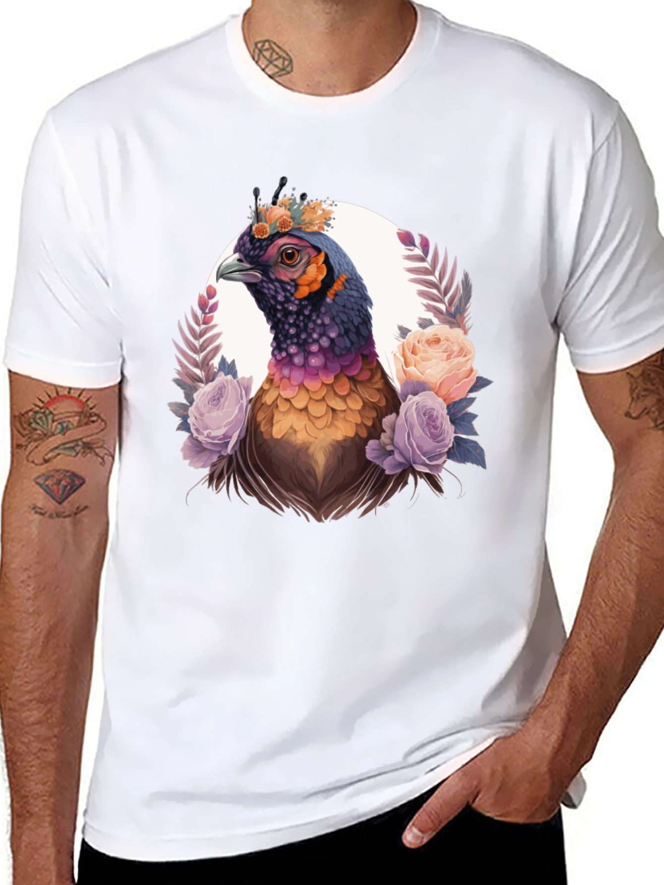 Floral Pheasant Graphic Tee - Black Unisex T-Shirt