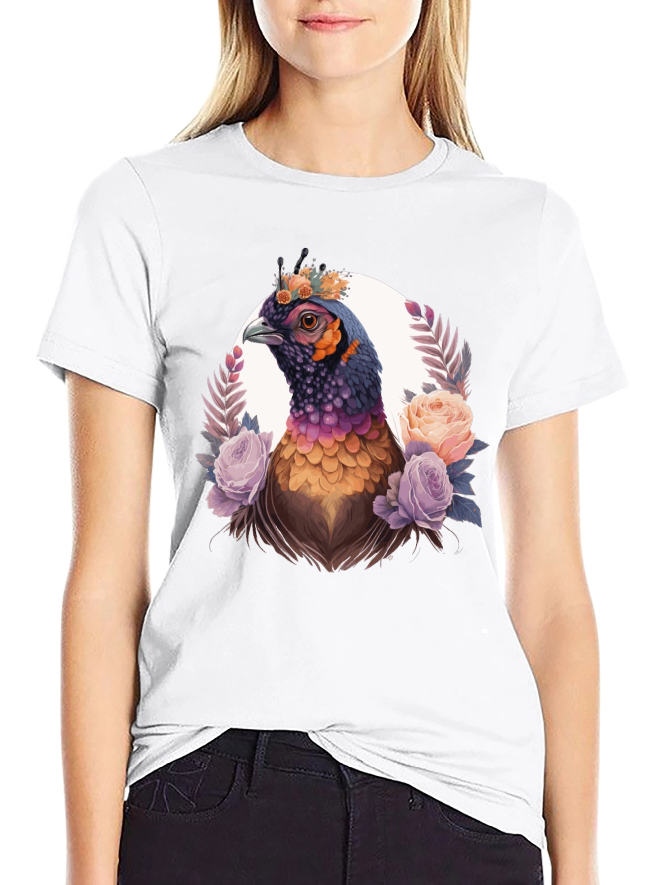 Floral Pheasant Graphic Tee - Black Unisex T-Shirt