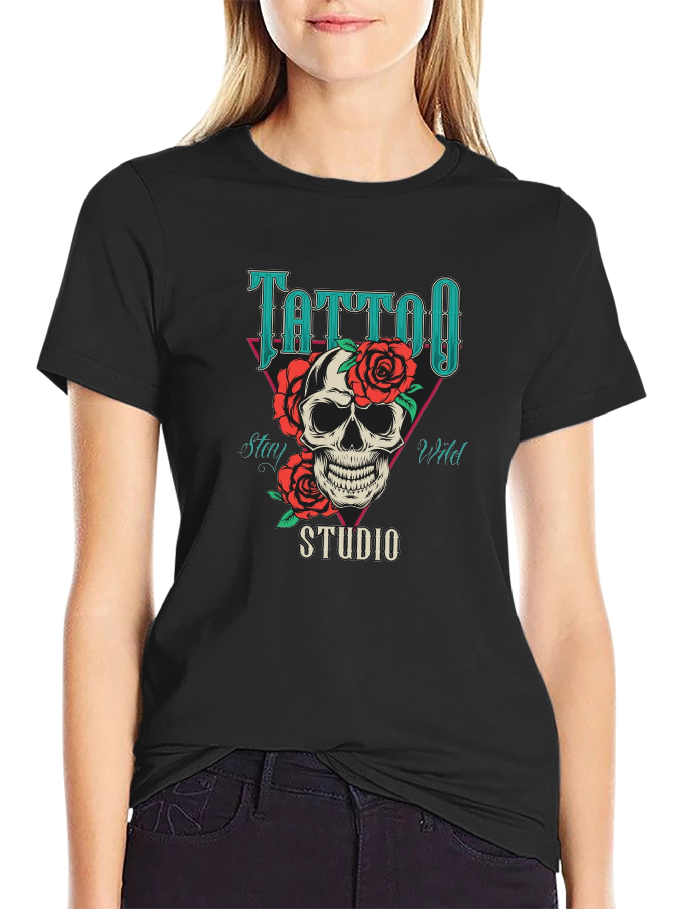 Tattoo Studio Skull Rose Graphic T-Shirt
