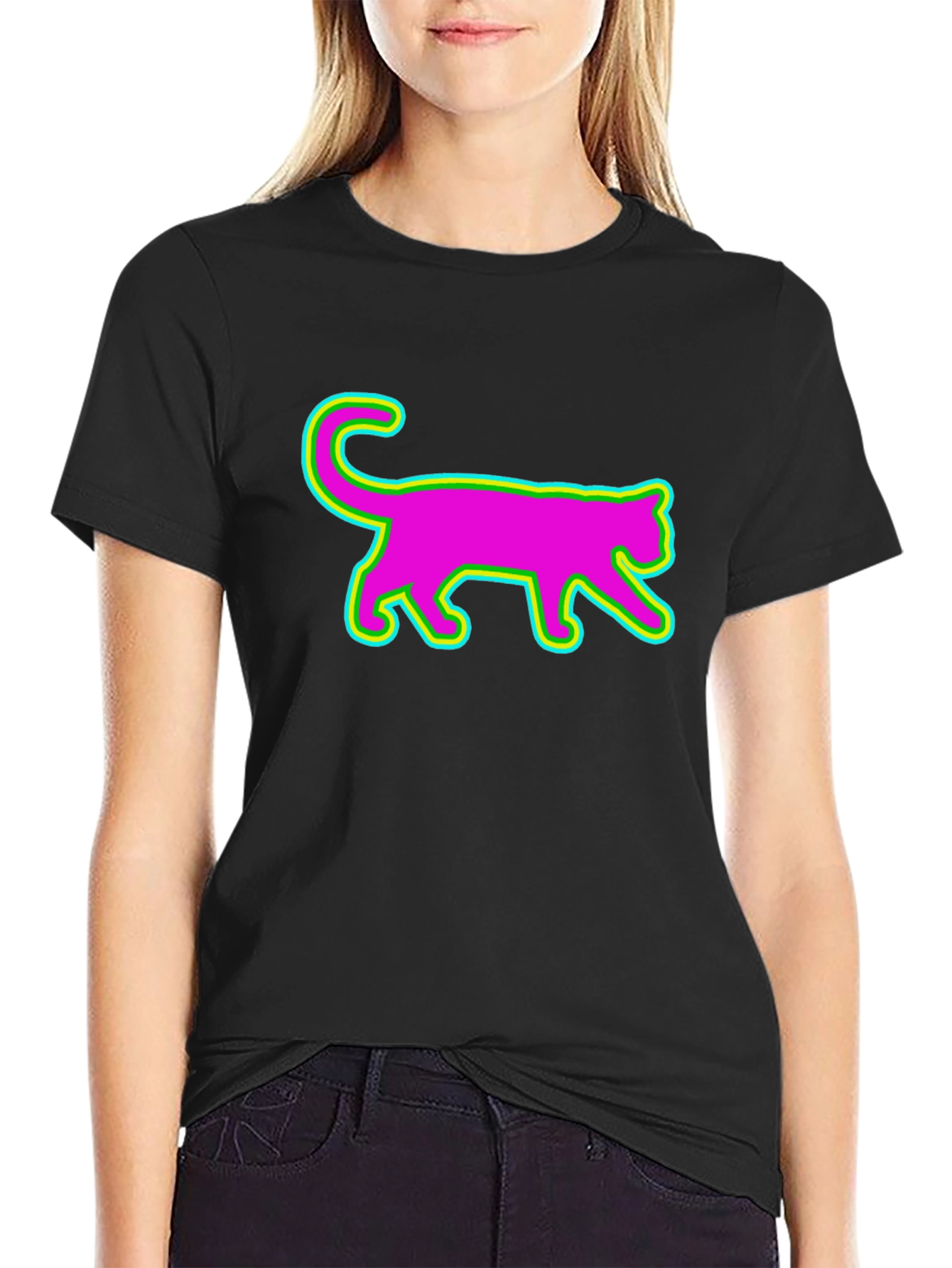 Vibrant Neon Cat Graphic Tee - Black