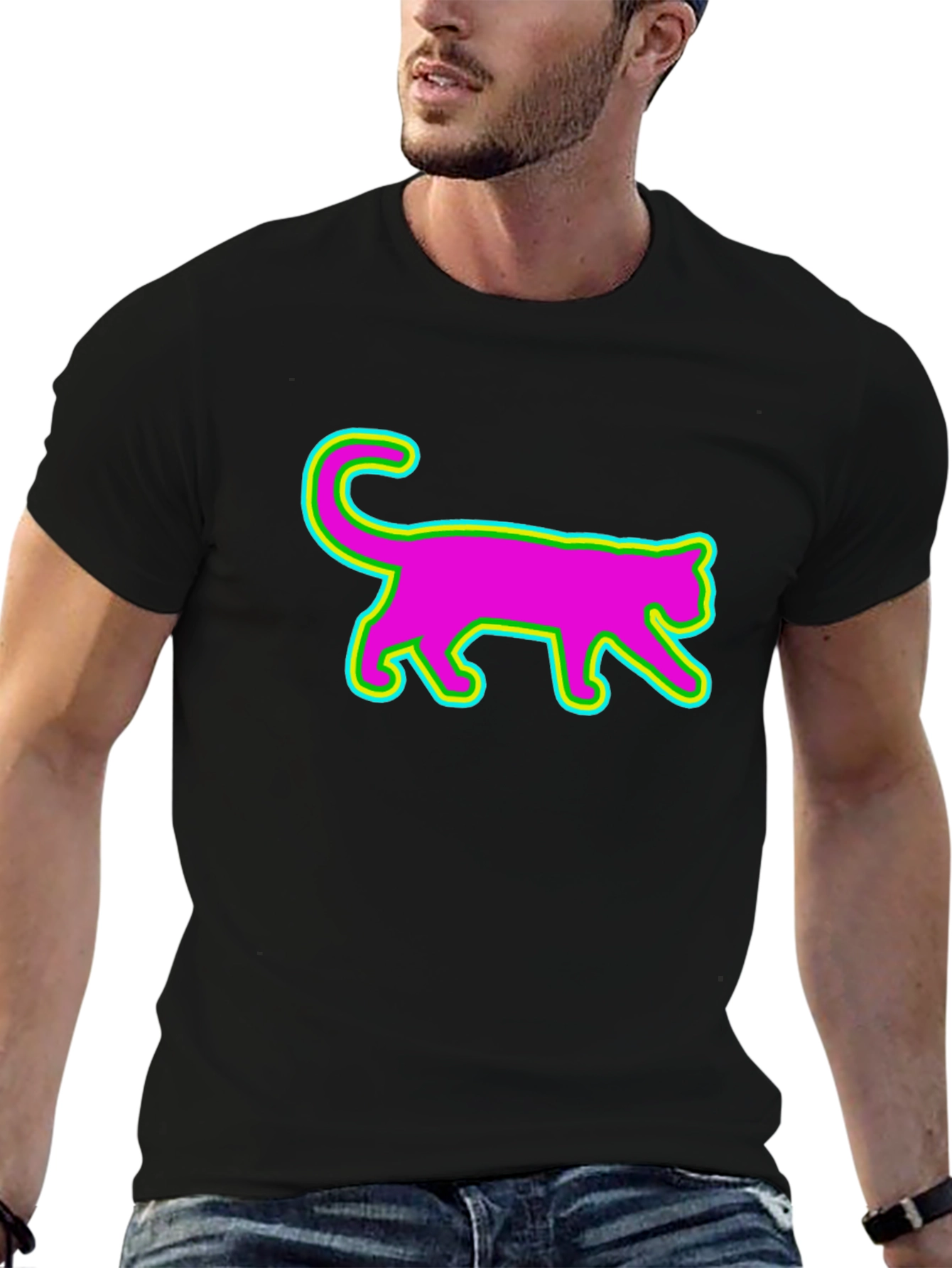 Vibrant Neon Cat Graphic Tee - Black