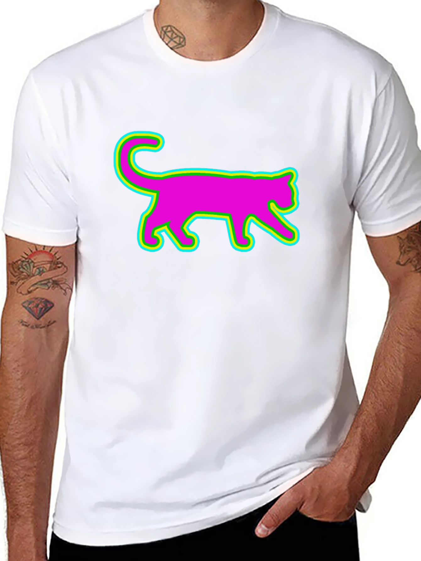 Vibrant Neon Cat Graphic Tee - Black