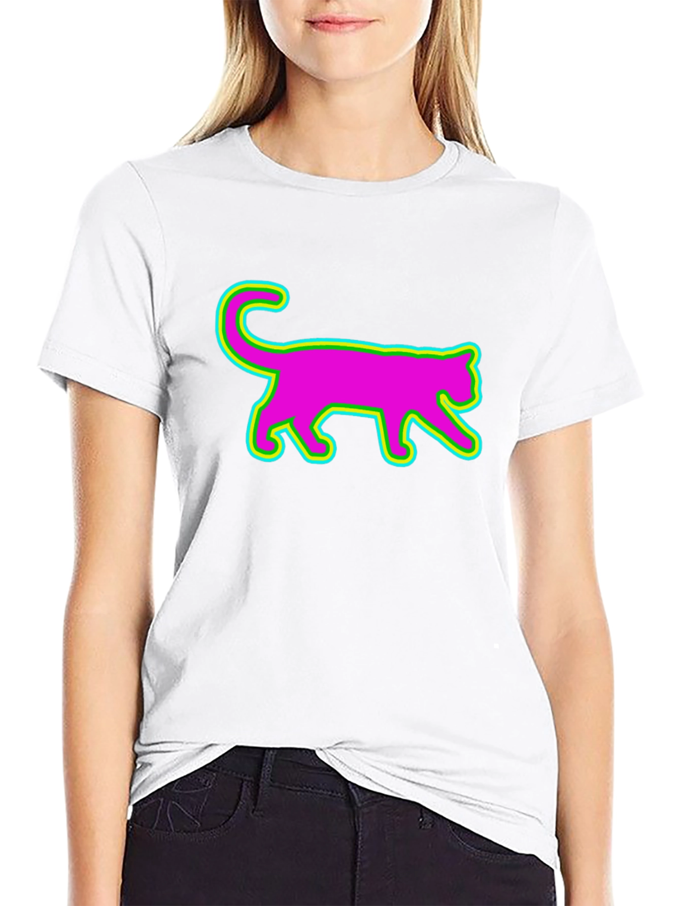 Vibrant Neon Cat Graphic Tee - Black