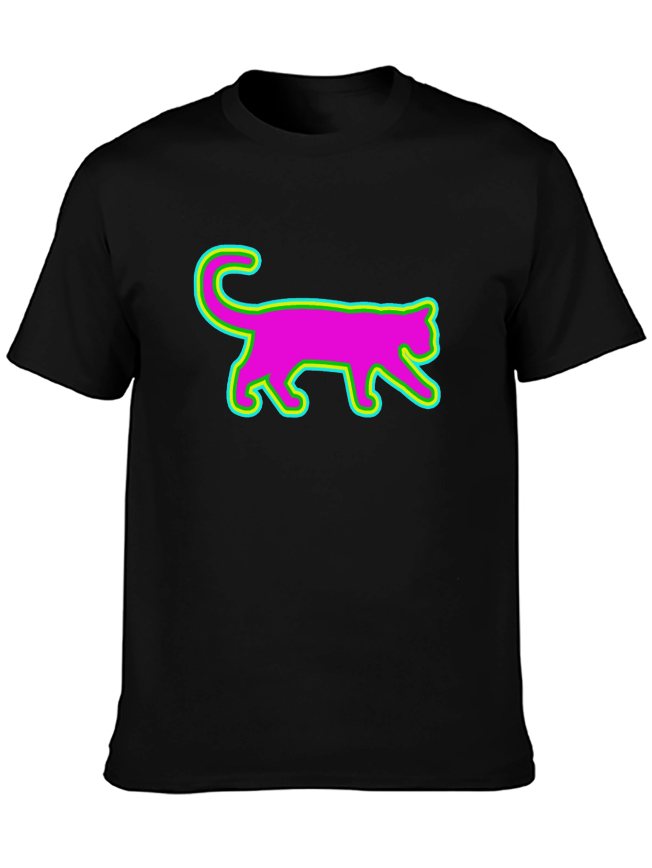 Vibrant Neon Cat Graphic Tee - Black