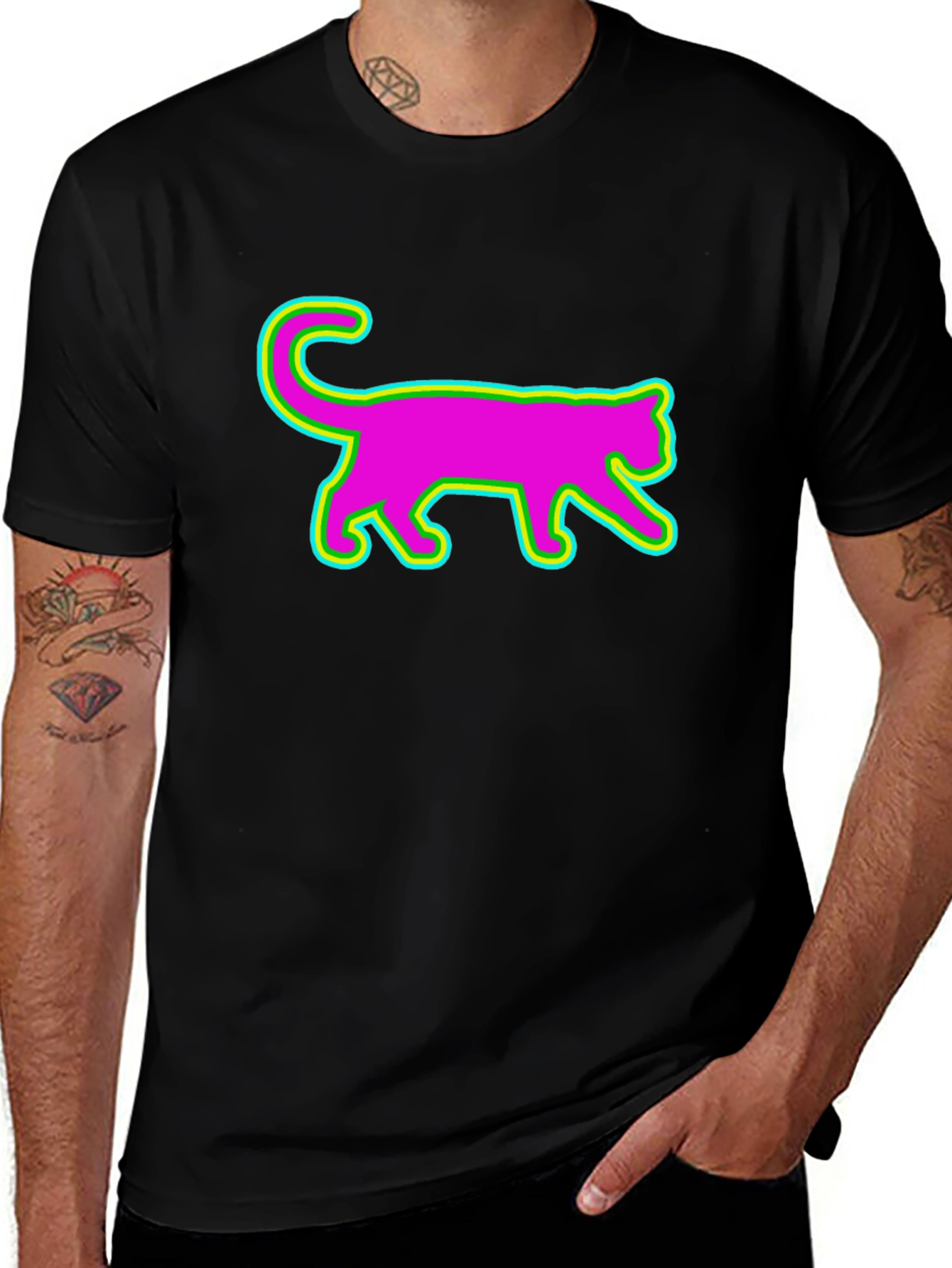 Vibrant Neon Cat Graphic Tee - Black