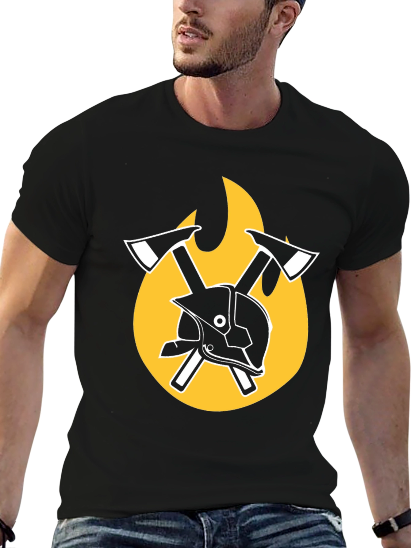 Firefighter Axe & Helmet Graphic Tee - Black