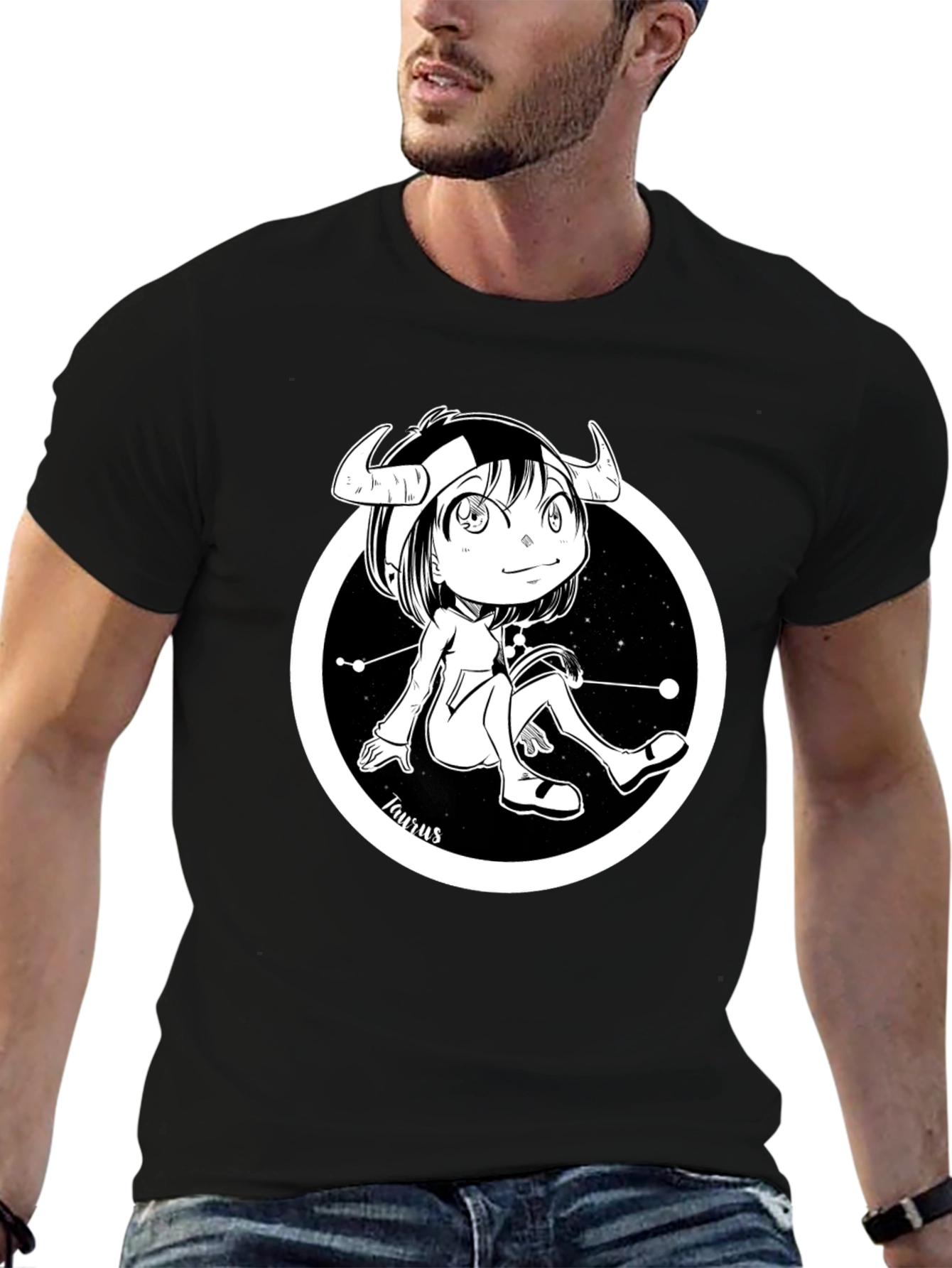 Taurus Zodiac Cartoon Black T-Shirt