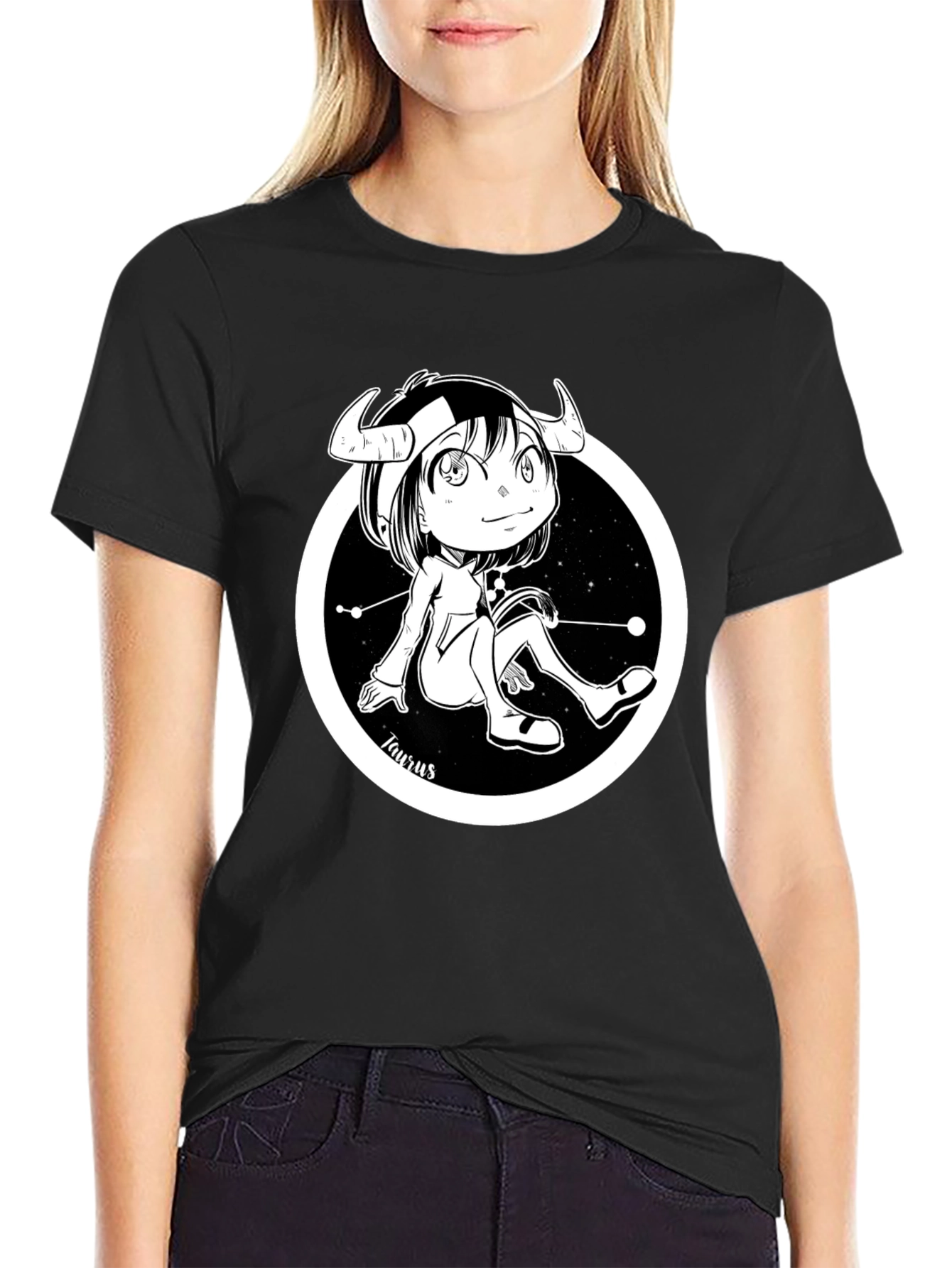 Taurus Zodiac Cartoon Black T-Shirt