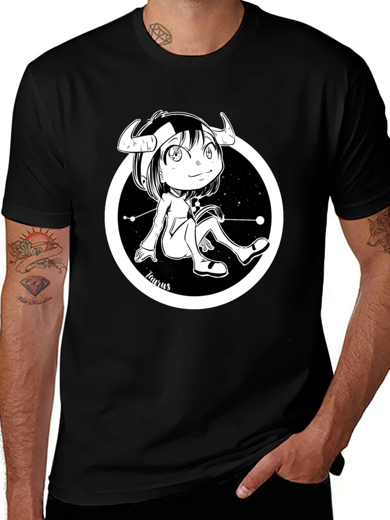 Taurus Zodiac Cartoon Black T-Shirt