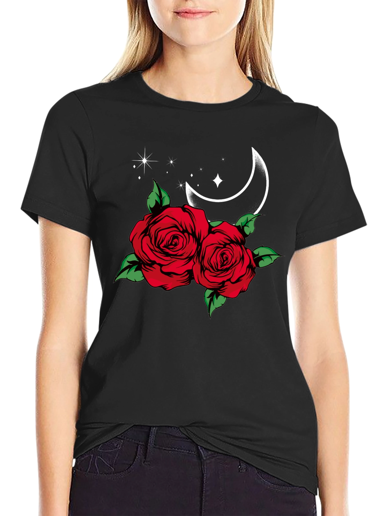 Roses & Moon Graphic Tee - Stylish Black T-Shirt