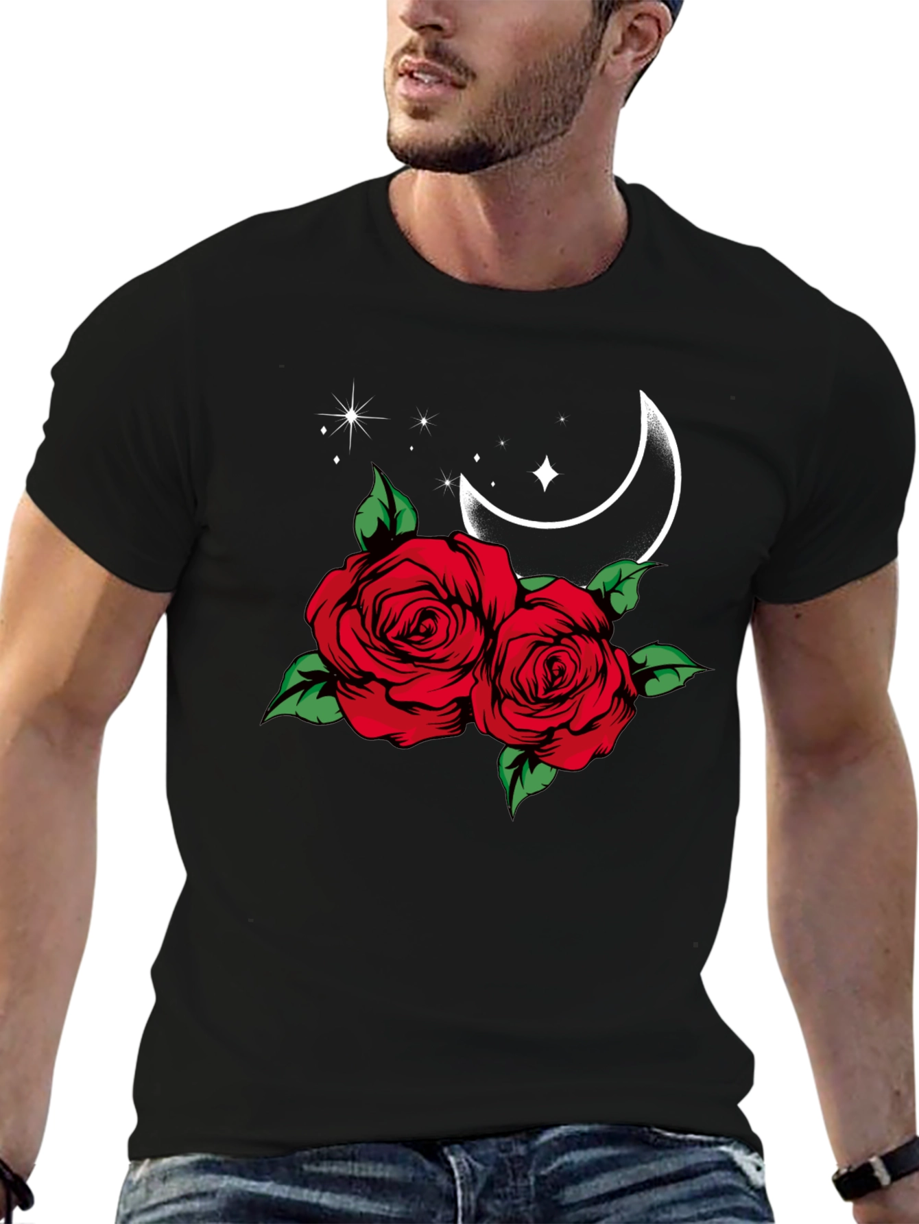 Roses & Moon Graphic Tee - Stylish Black T-Shirt