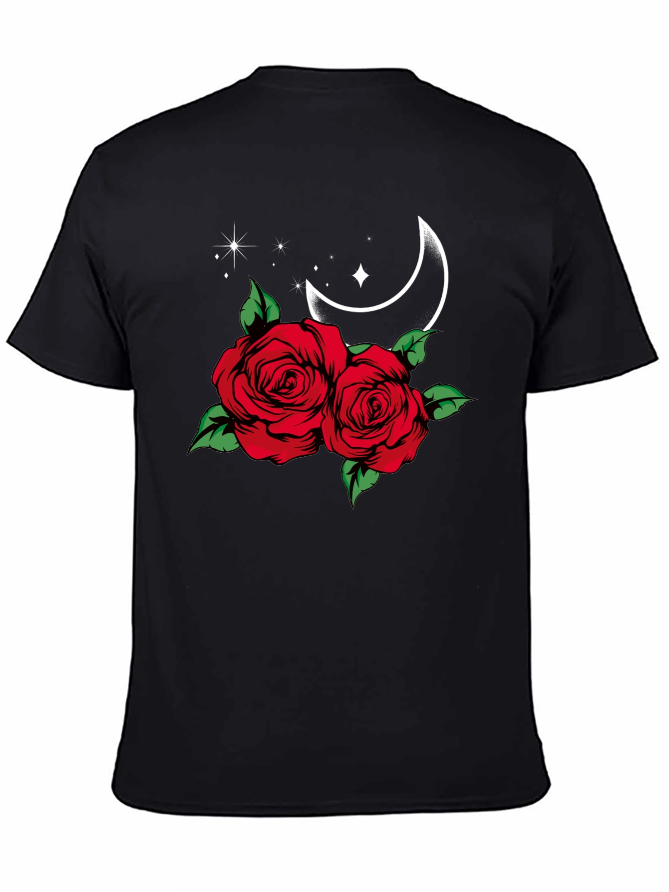 Roses & Moon Graphic Tee - Stylish Black T-Shirt