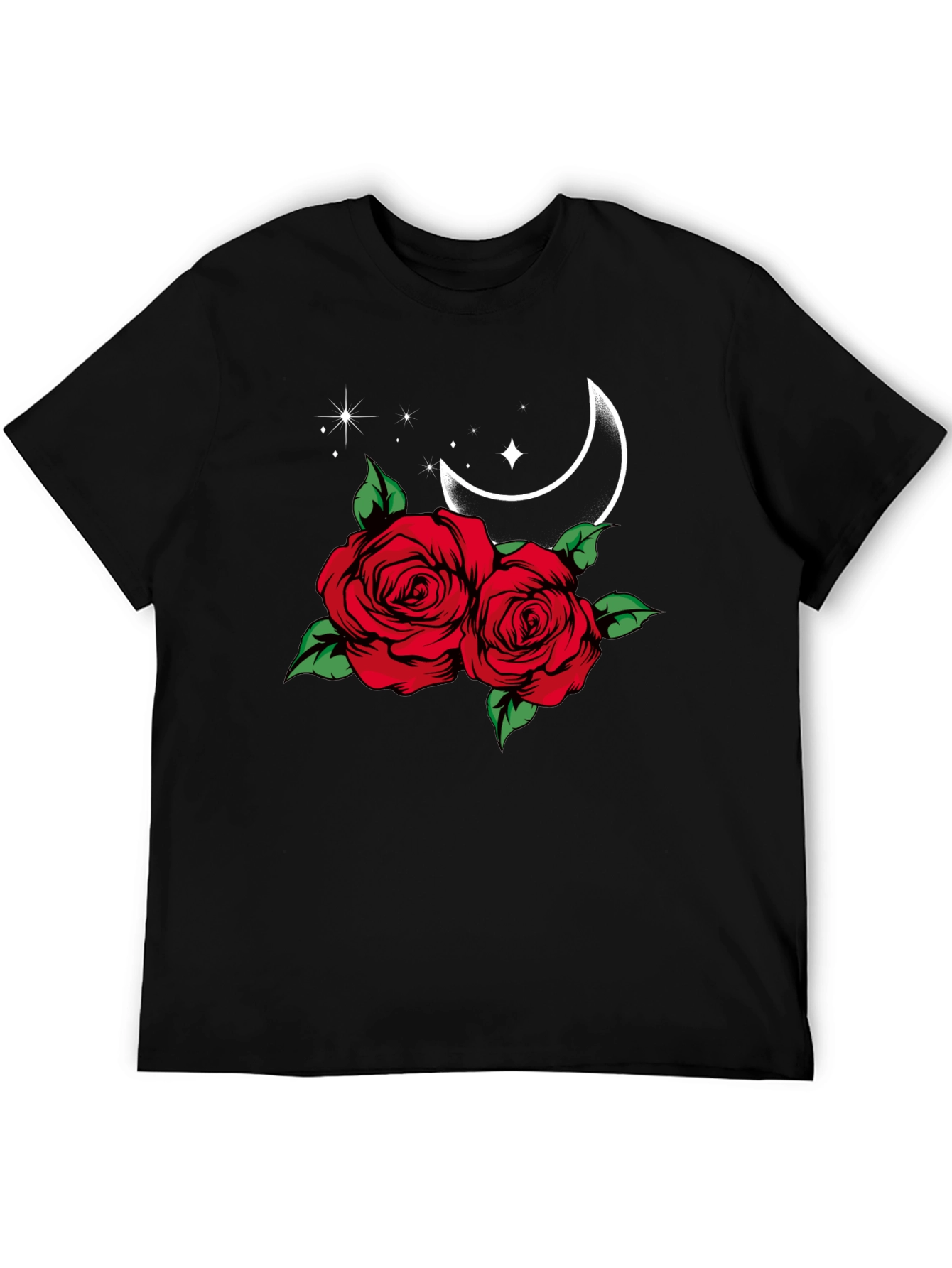 Roses & Moon Graphic Tee - Stylish Black T-Shirt