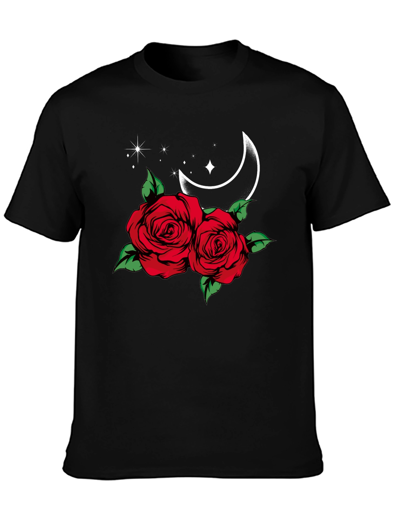 Roses & Moon Graphic Tee - Stylish Black T-Shirt