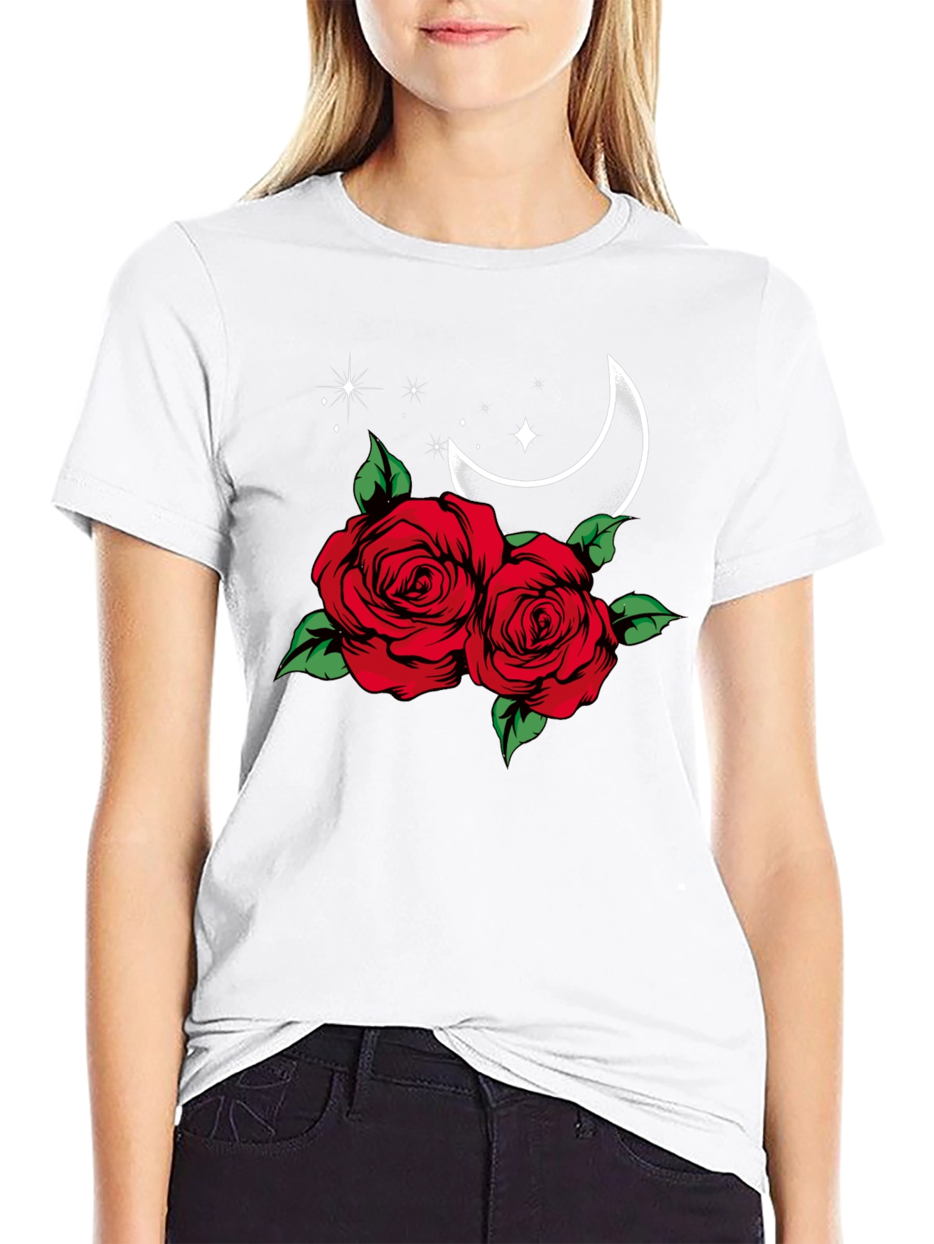 Roses & Moon Graphic Tee - Stylish Black T-Shirt