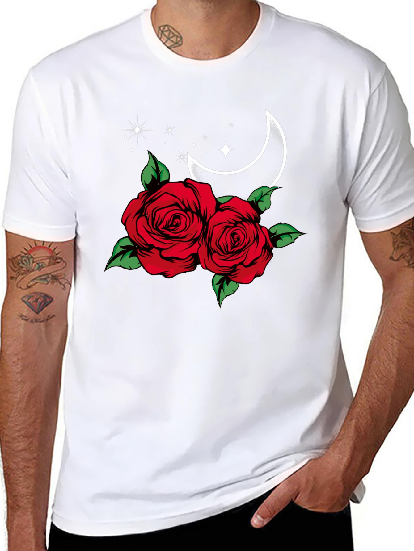 Roses & Moon Graphic Tee - Stylish Black T-Shirt
