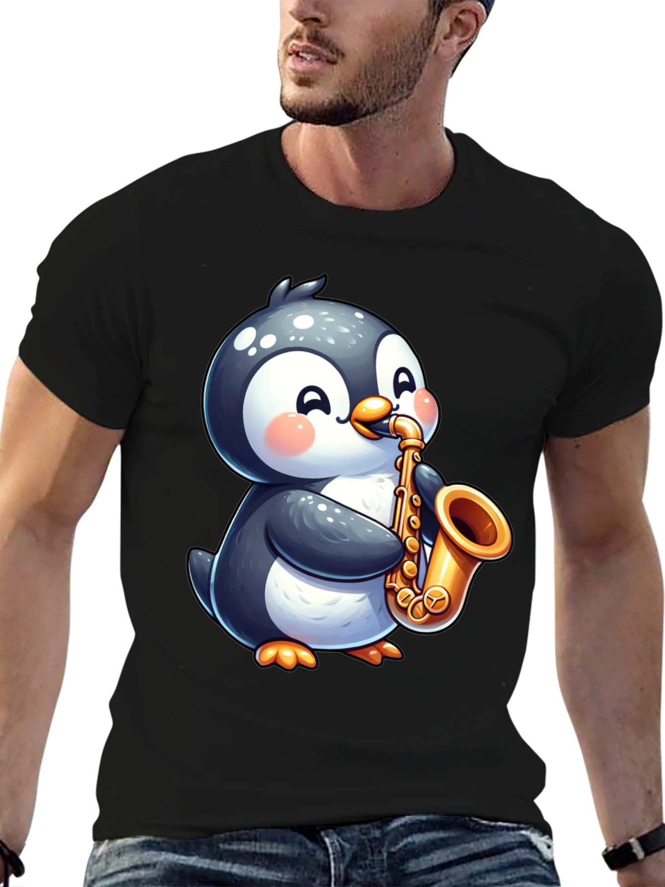 Penguin Saxophone Black T-Shirt - Musician Style