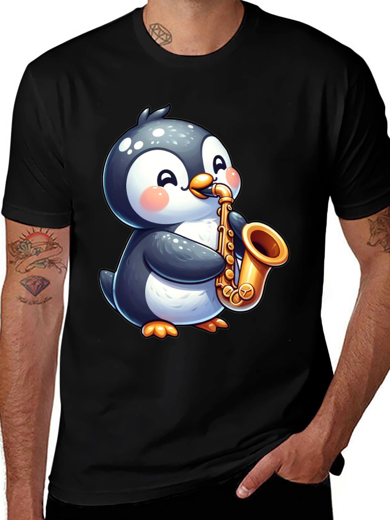 Penguin Saxophone Black T-Shirt - Musician Style