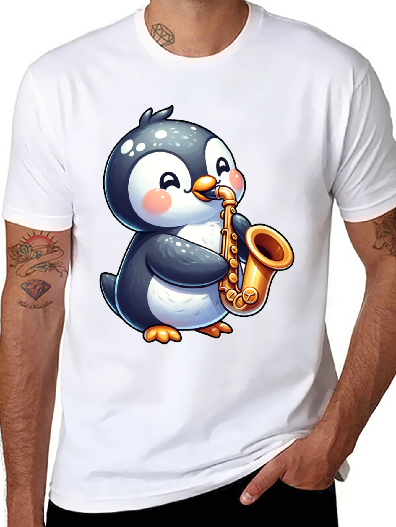 Penguin Saxophone Black T-Shirt - Musician Style