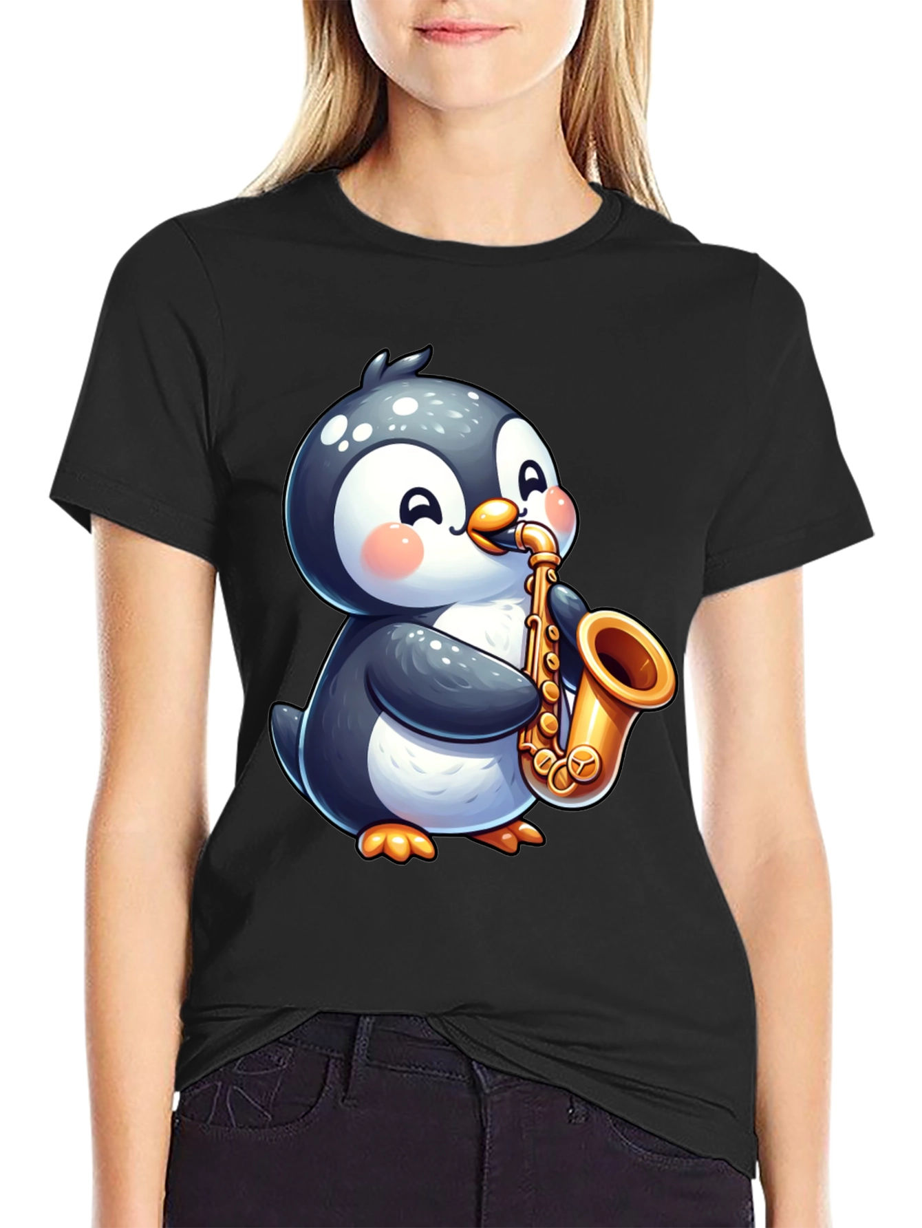 Penguin Saxophone Black T-Shirt - Musician Style