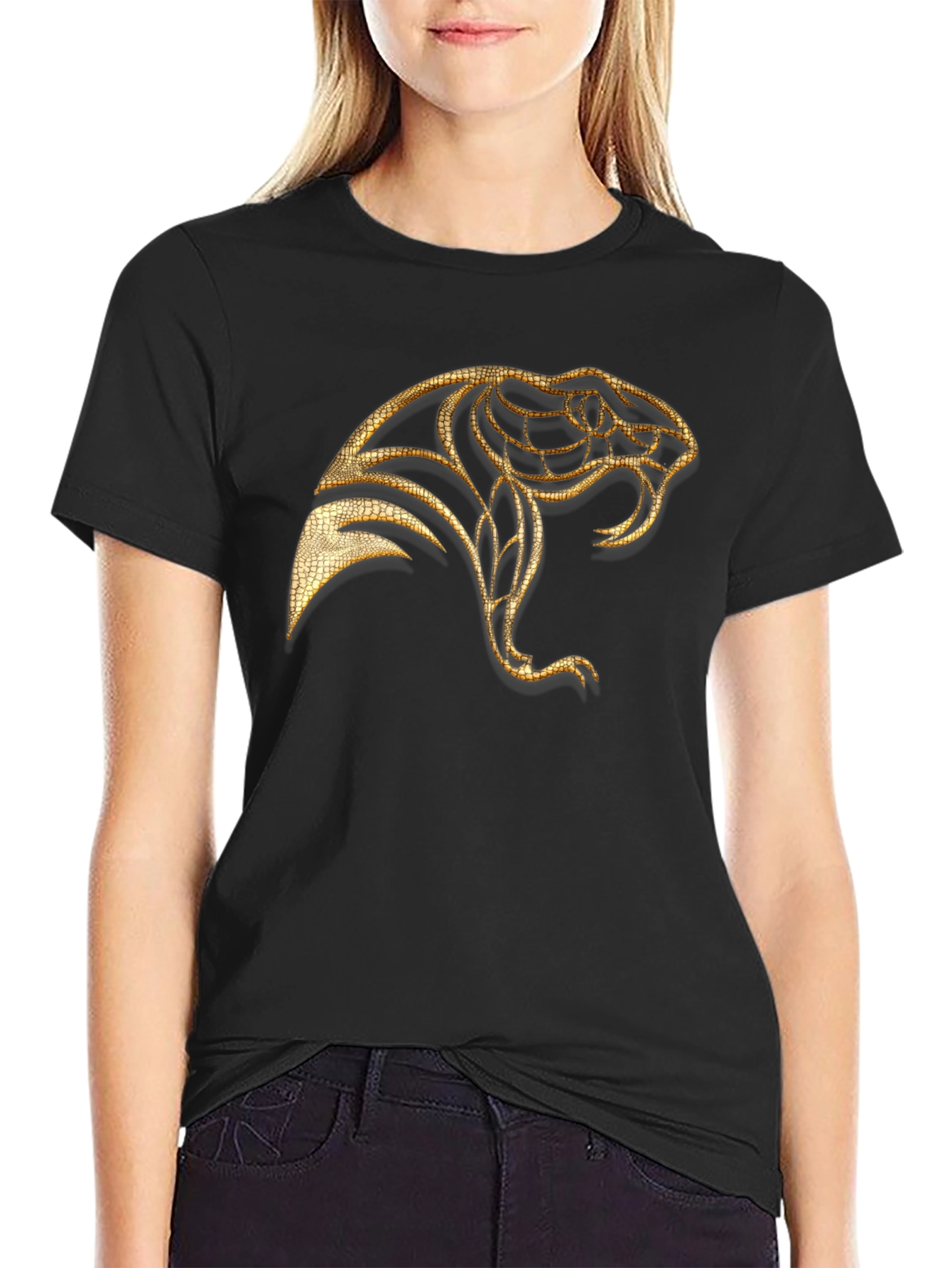 Mens Black T-Shirt with Golden Snake Design