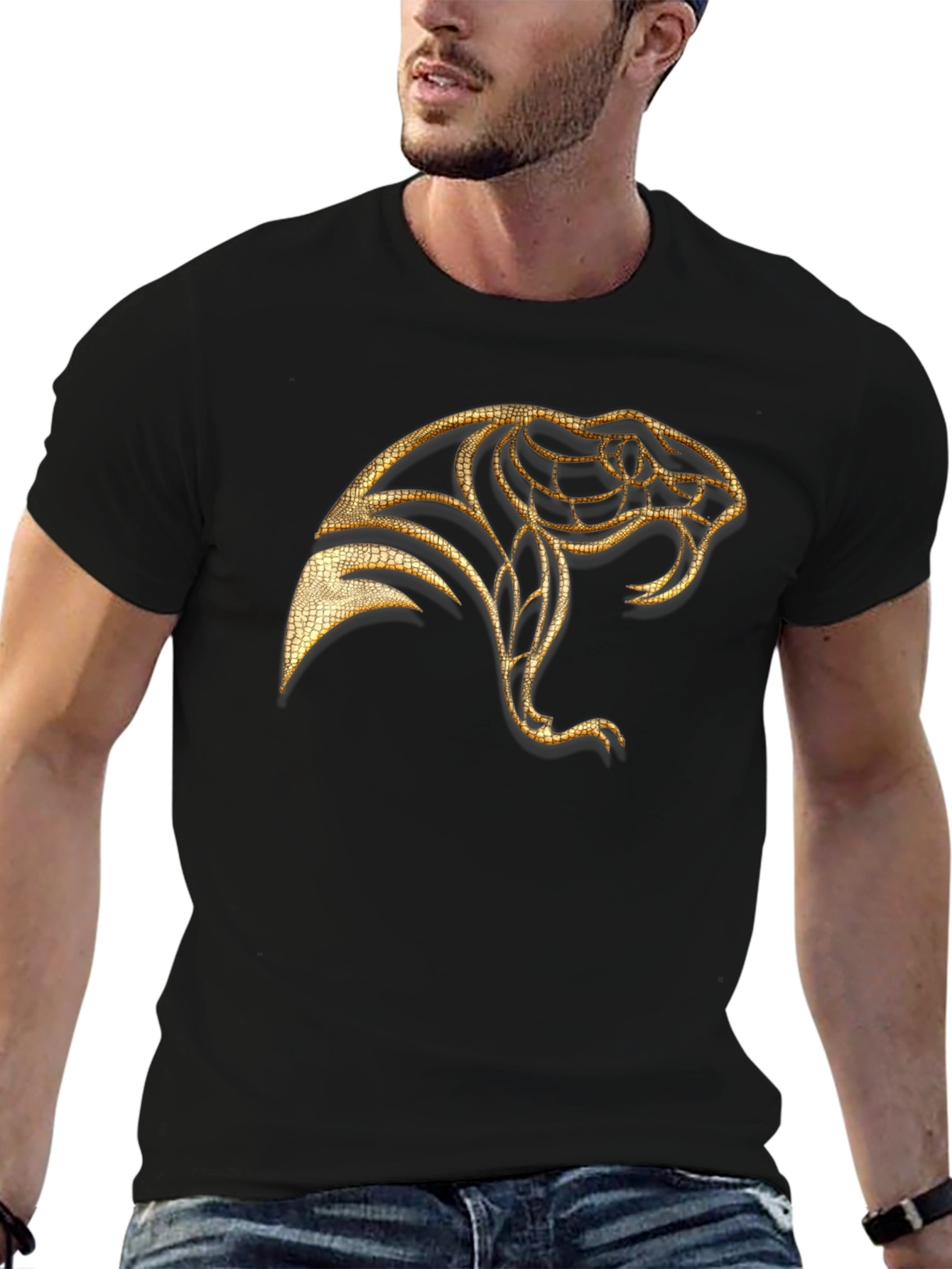 Mens Black T-Shirt with Golden Snake Design