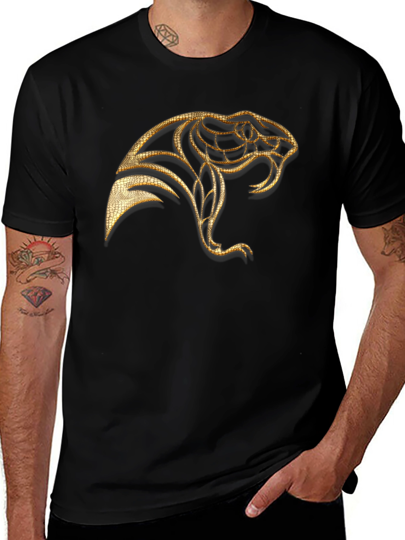 Mens Black T-Shirt with Golden Snake Design