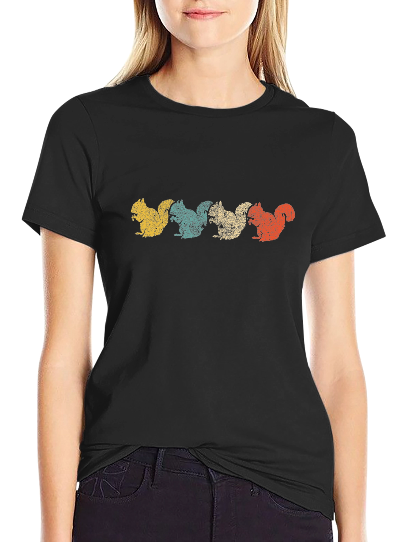 Retro Squirrel Graphic Tee - Black Cotton Blend