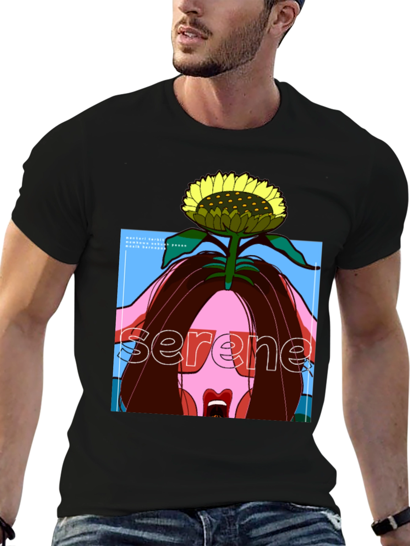 Serene Sunflower Graphic Black T-Shirt