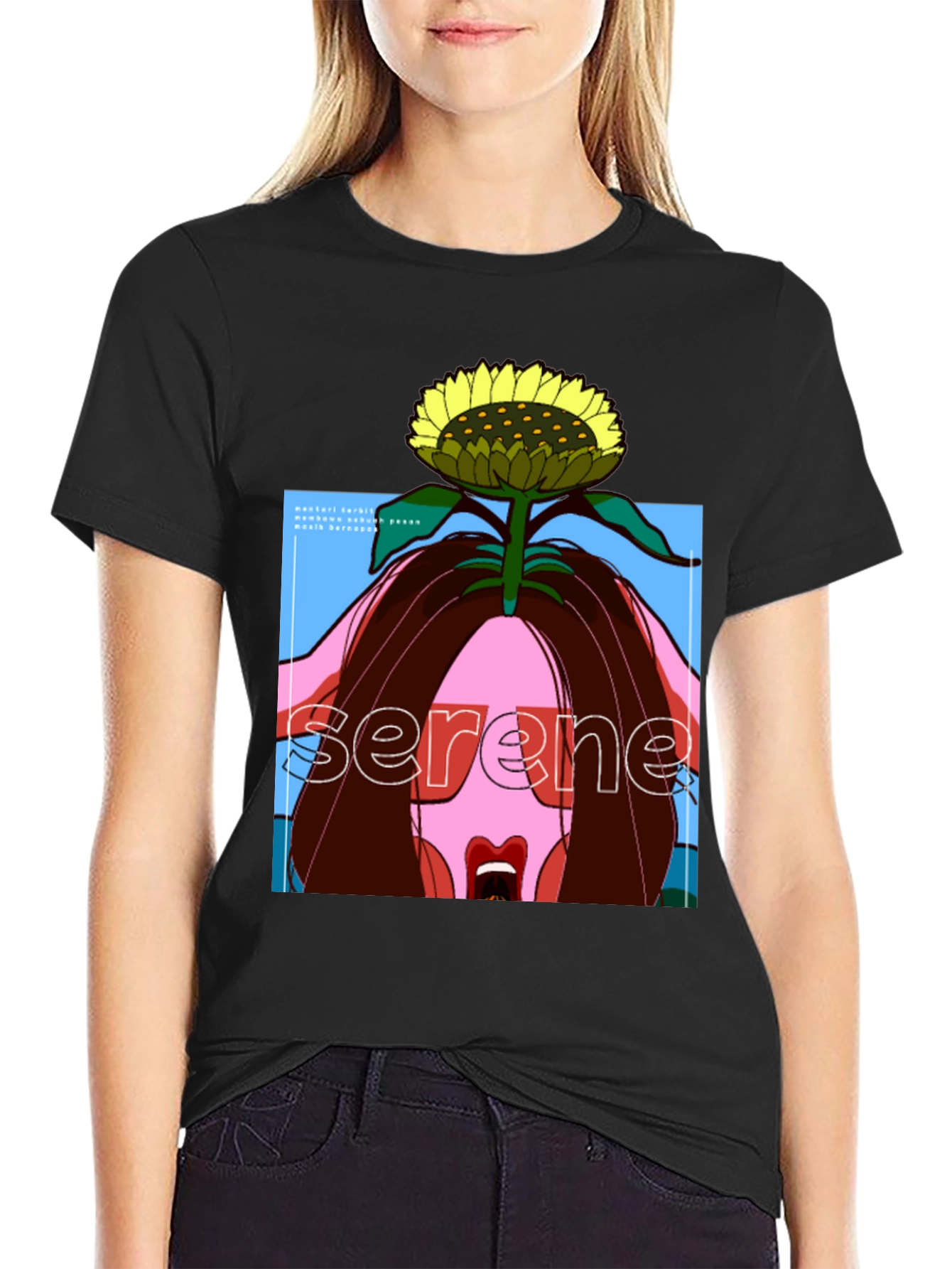 Serene Sunflower Graphic Black T-Shirt