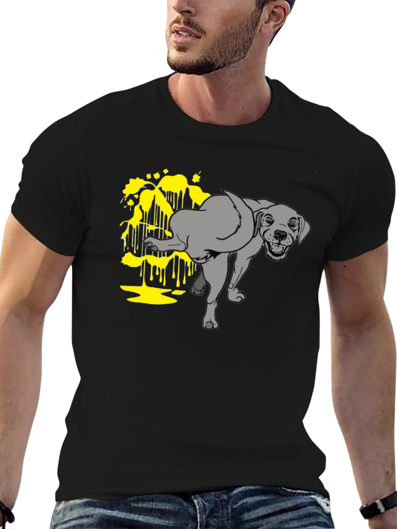 Funny Dog Peeing Humor Graphic Black T-Shirt