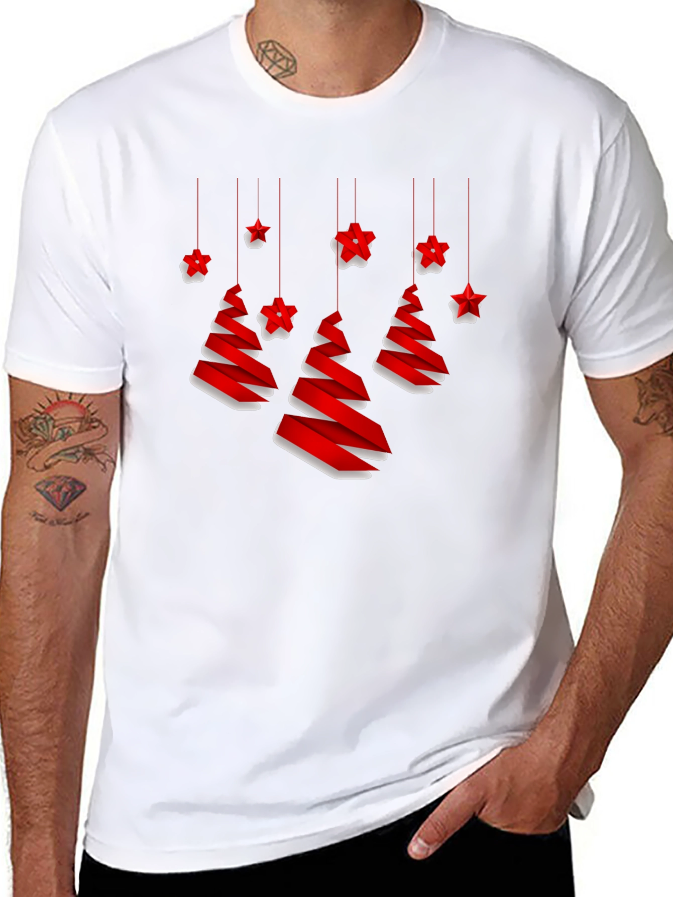 Festive Christmas Tree and Stars Black T-Shirt
