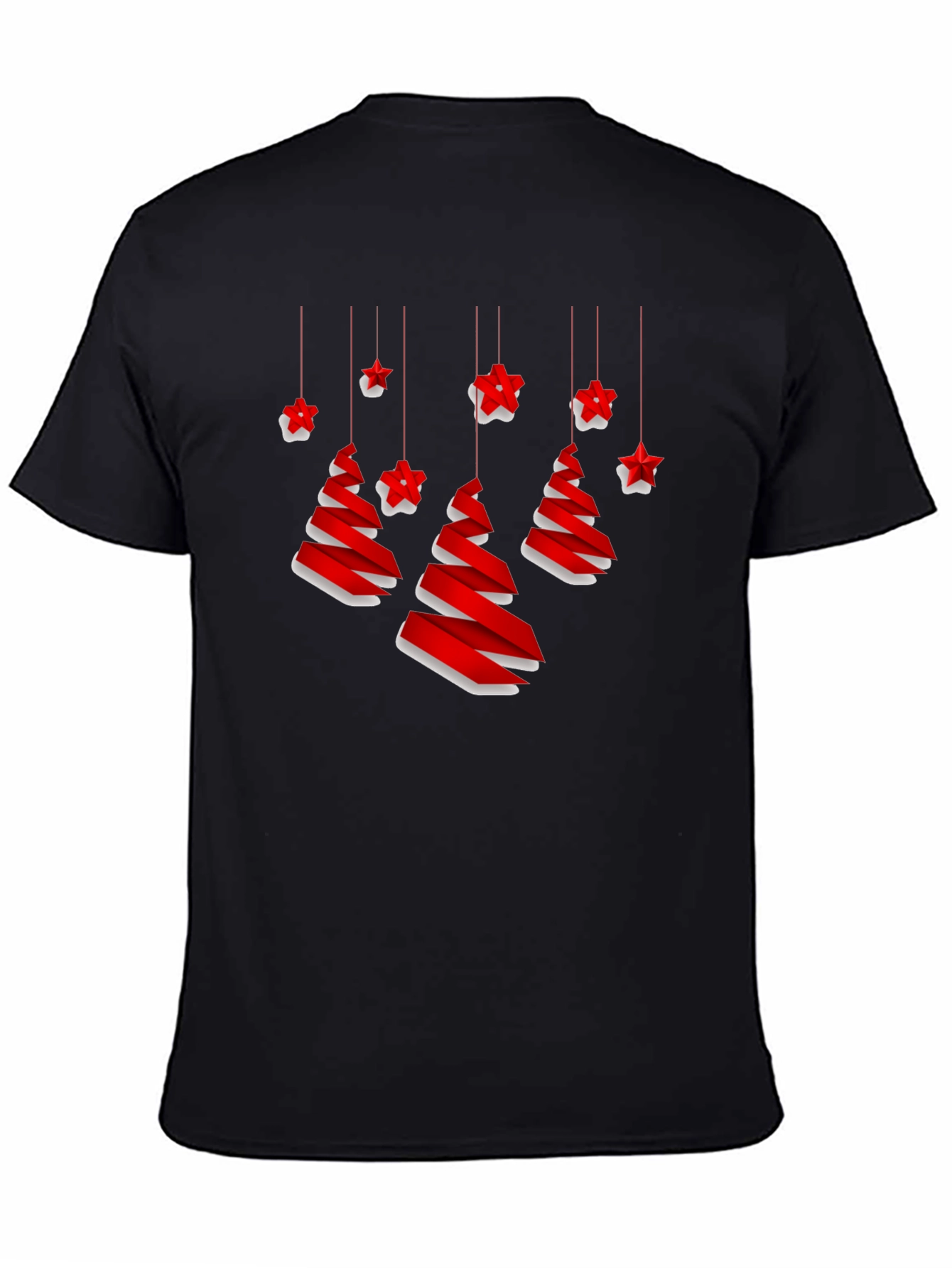 Festive Christmas Tree and Stars Black T-Shirt
