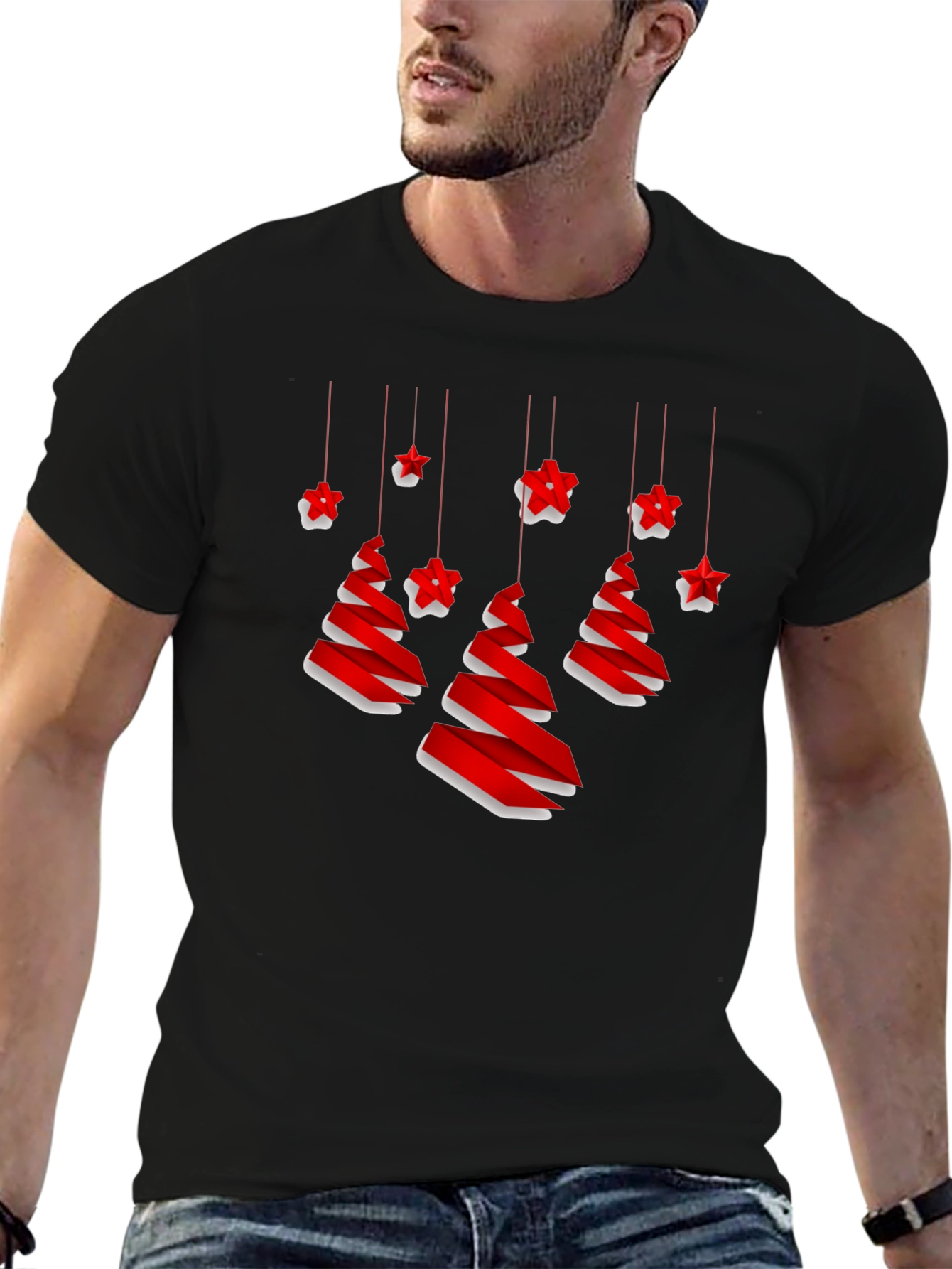 Festive Christmas Tree and Stars Black T-Shirt