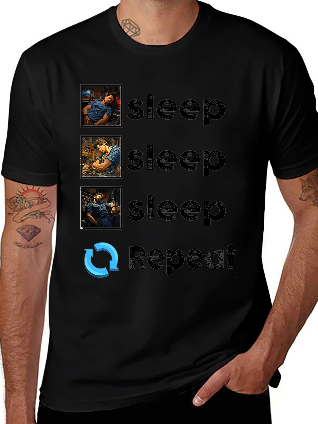 Sleep Repeat Graphic T-Shirt - Novelty Comfort Tee