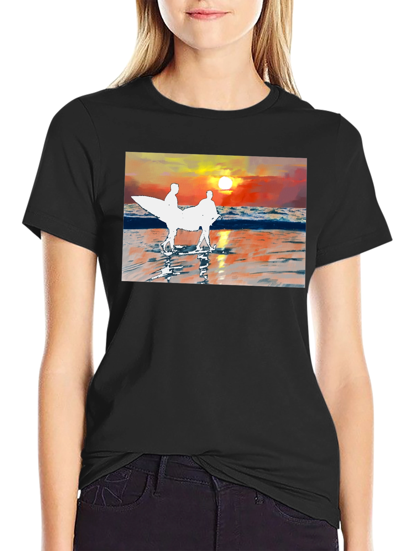 Sunset Surfer Graphic Tee - Black Cotton T-Shirt