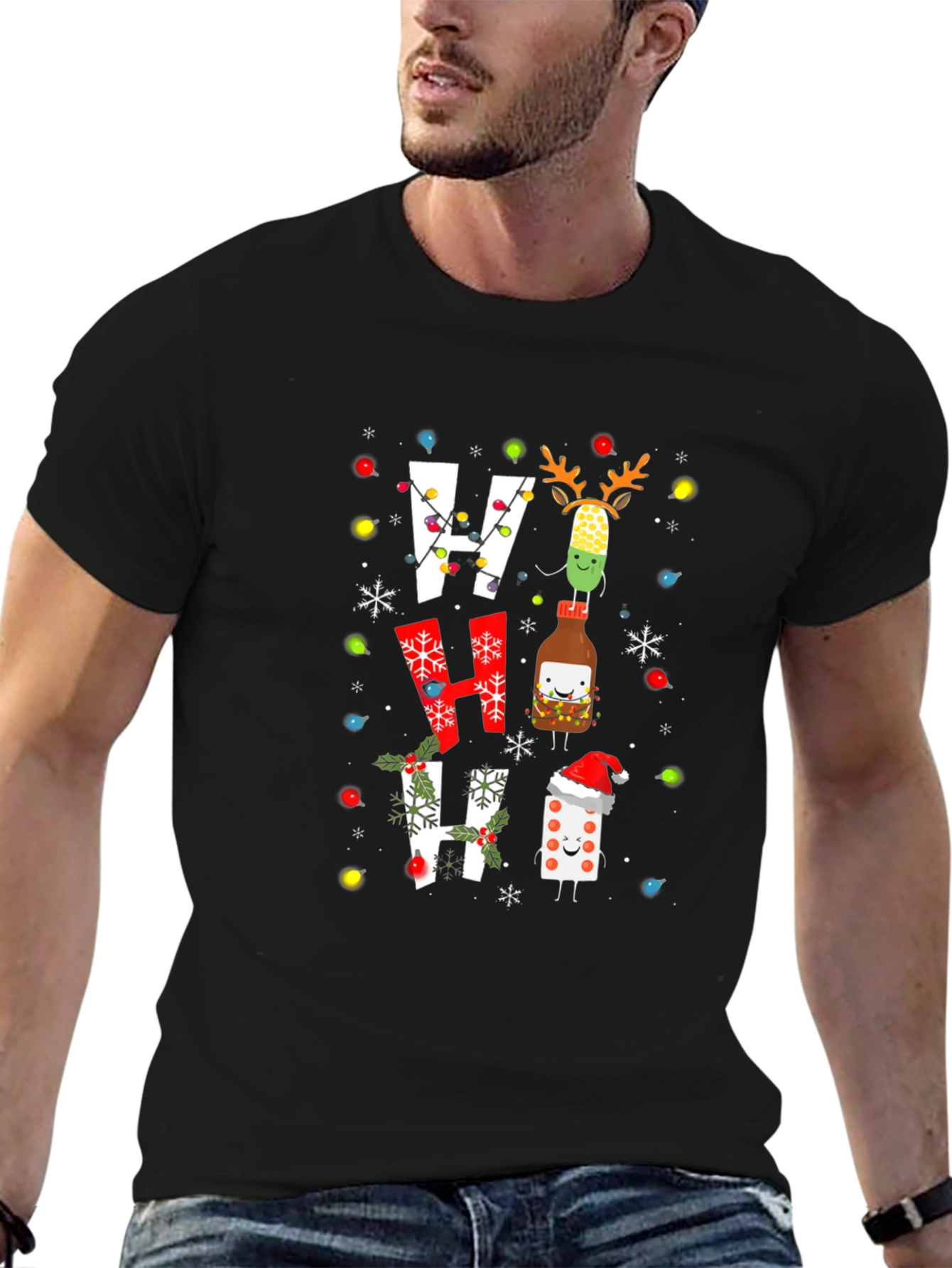 Festive Ho Ho Ho T-Shirt with Holiday Cartoon Design
