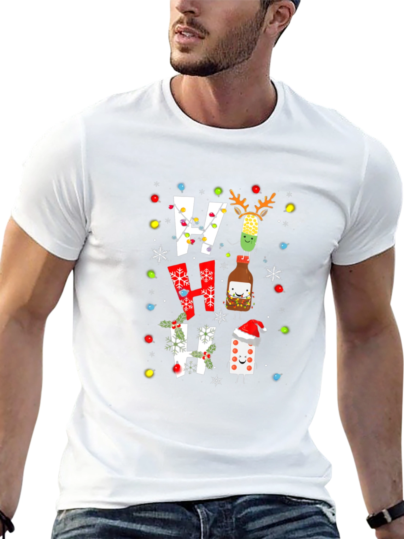 Festive Ho Ho Ho T-Shirt with Holiday Cartoon Design