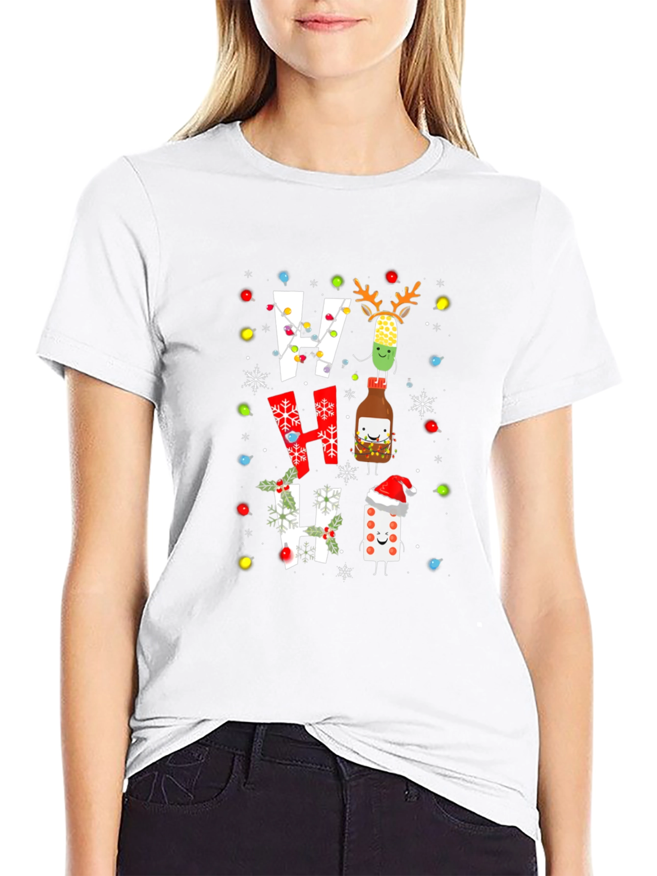 Festive Ho Ho Ho T-Shirt with Holiday Cartoon Design
