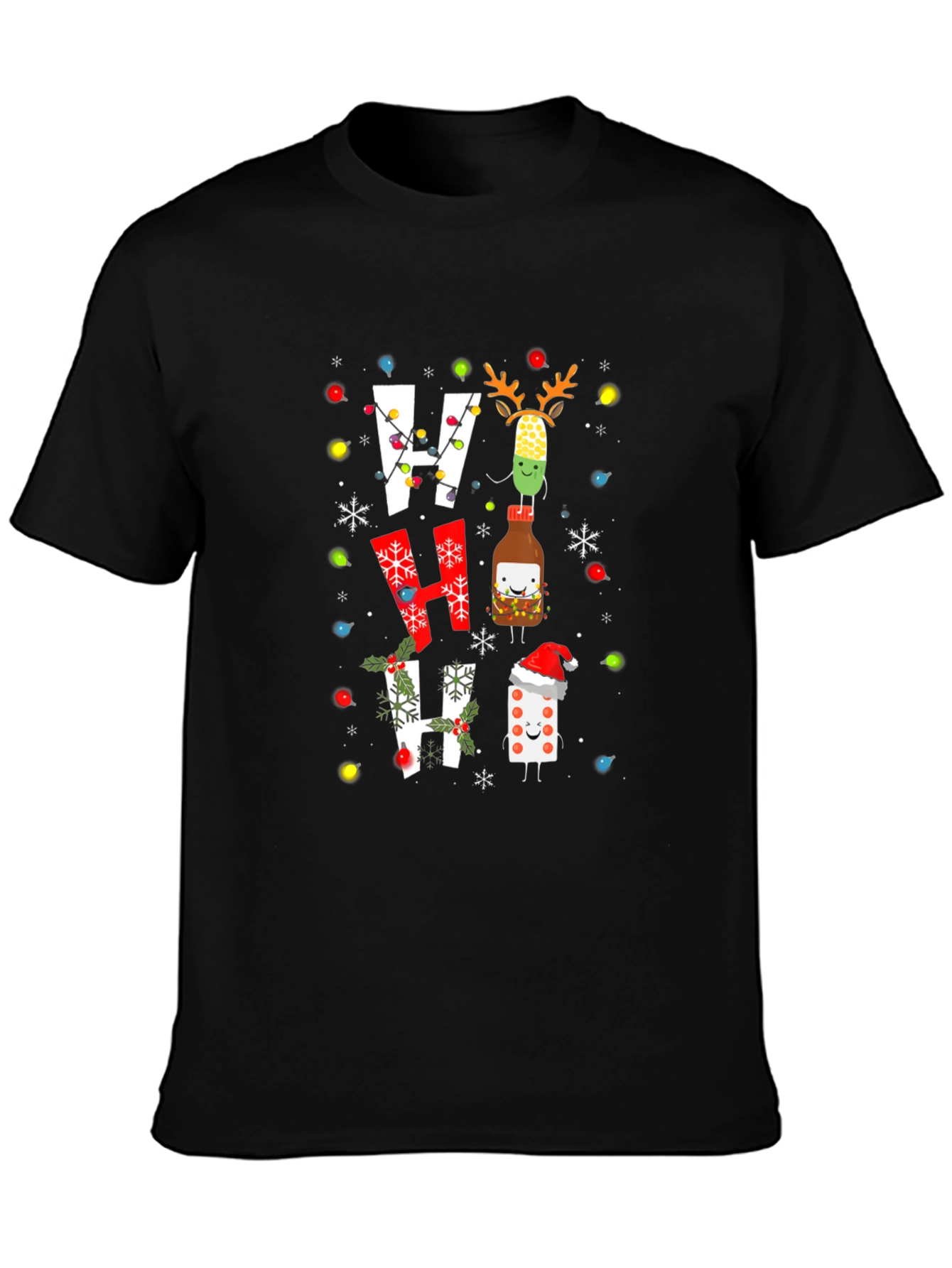 Festive Ho Ho Ho T-Shirt with Holiday Cartoon Design