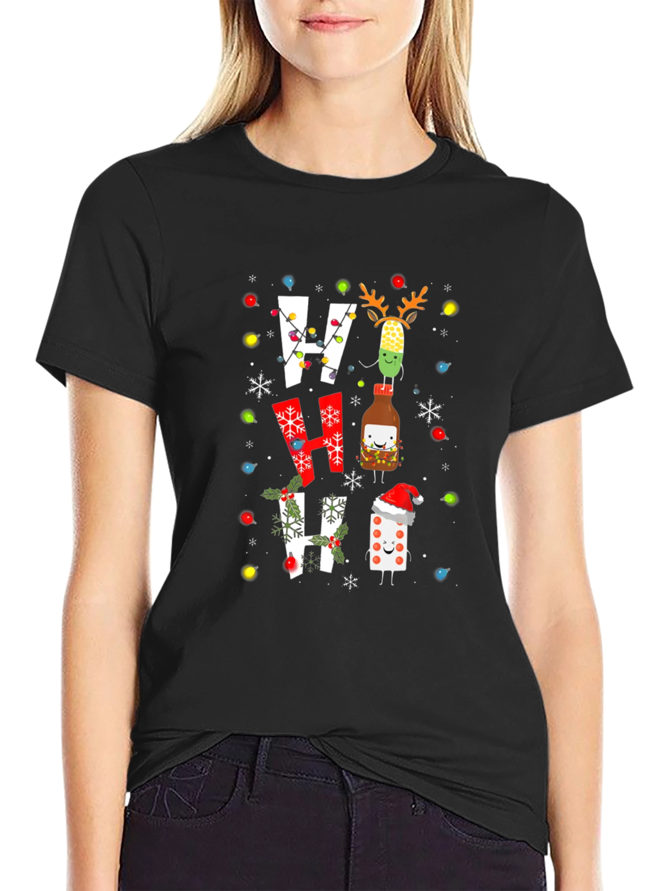 Festive Ho Ho Ho T-Shirt with Holiday Cartoon Design