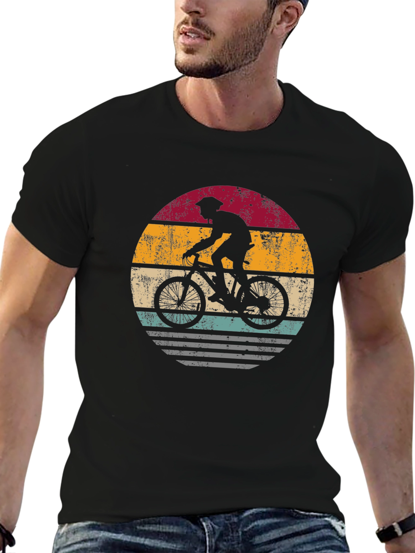 Retro Biker Graphic Tee - Mountain Bike Sunset Design