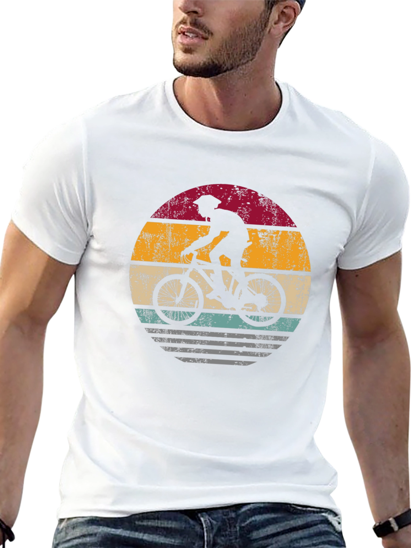 Retro Biker Graphic Tee - Mountain Bike Sunset Design