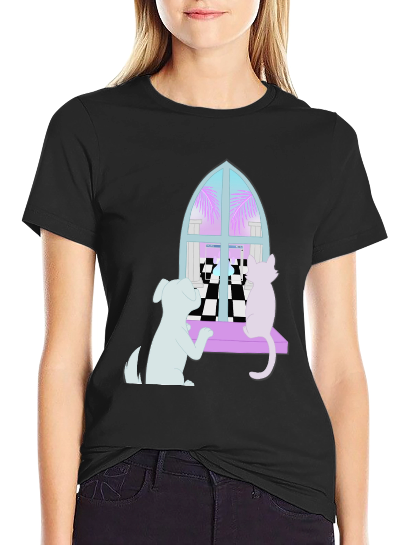 Dog and Cat Window T-Shirt - Black