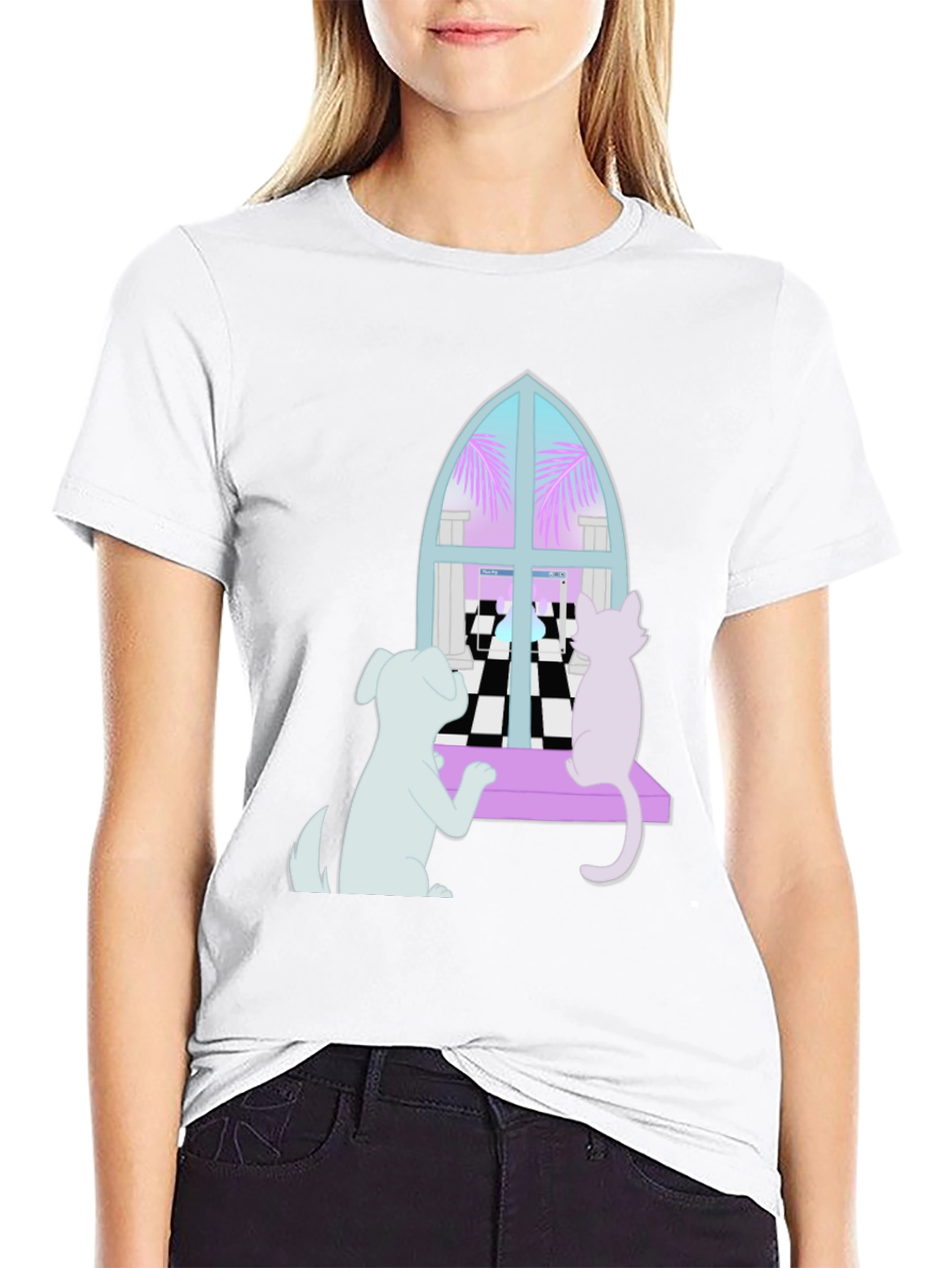 Dog and Cat Window T-Shirt - Black