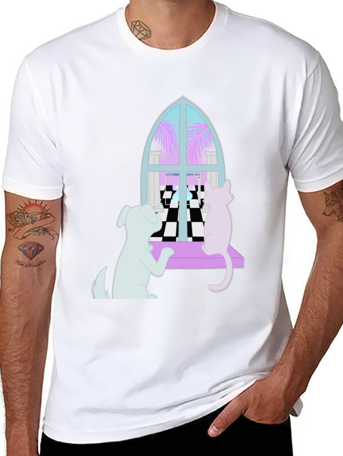Dog and Cat Window T-Shirt - Black