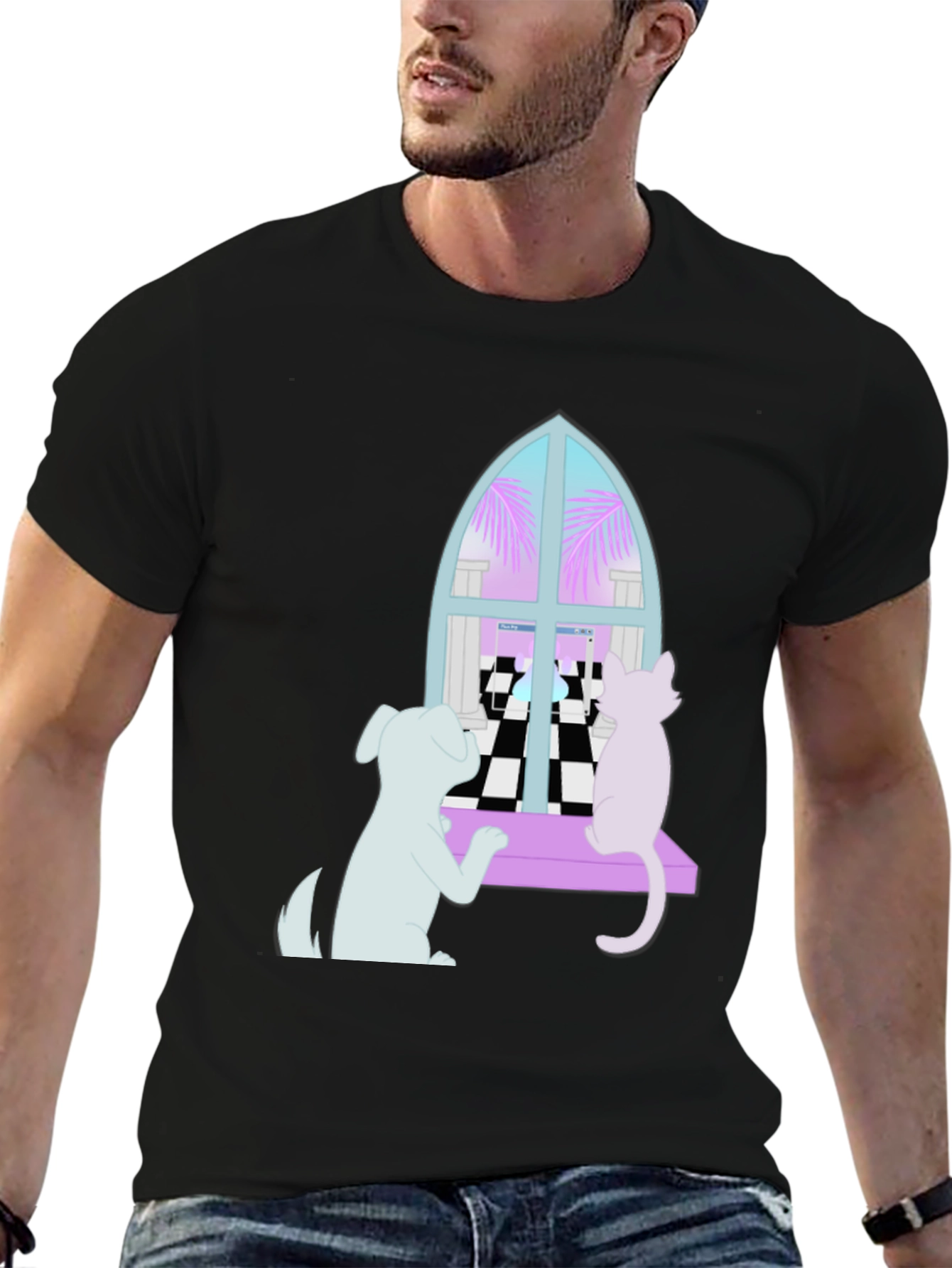 Dog and Cat Window T-Shirt - Black
